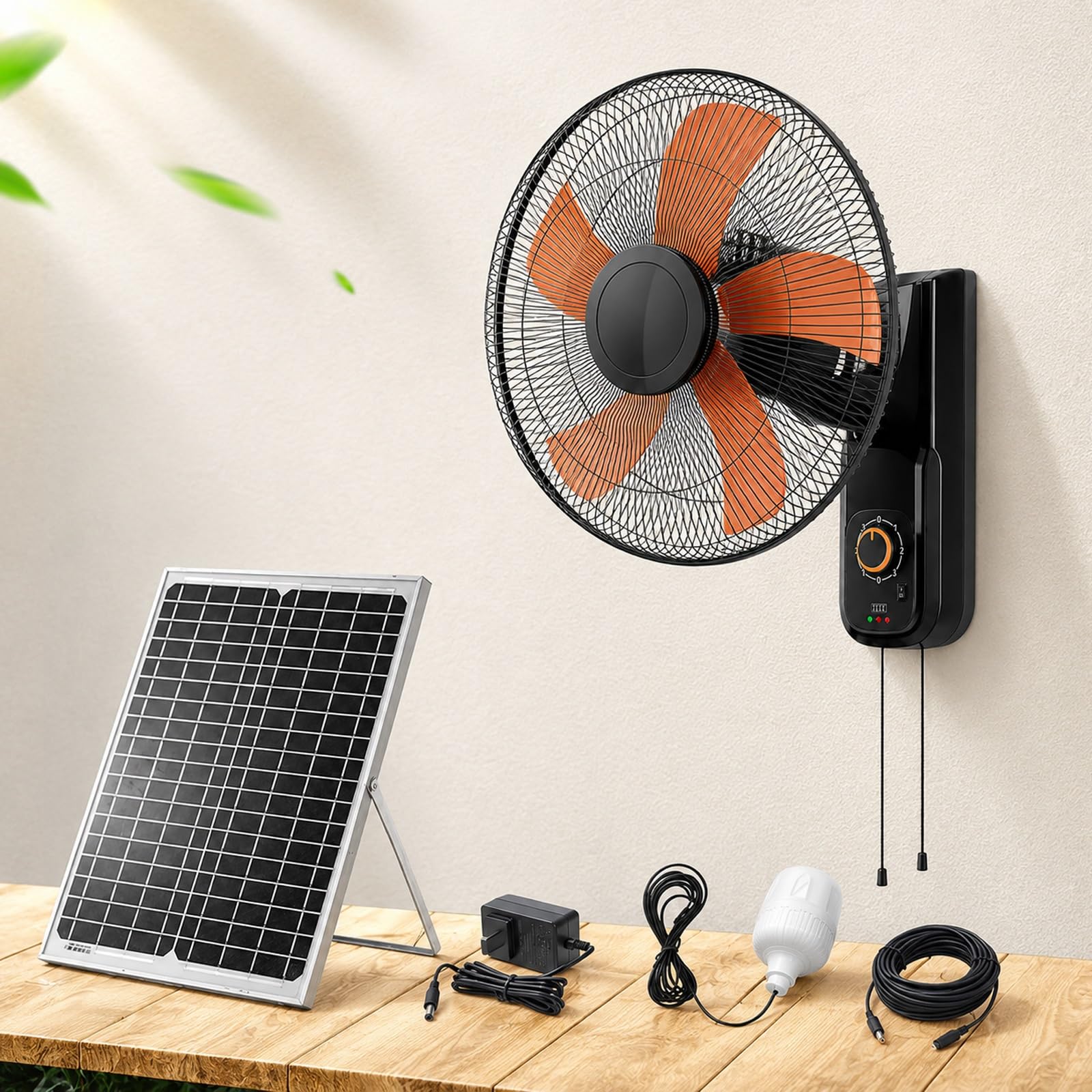 Ventilador Solar de Pared, Ventilador Oscilante y Silencioso de 16 Pulgadas, Sin Consumo Eléctrico, 5 Aspas y 3 Velocidades, para el Hogar, Invernaderos, Garajes y Patios