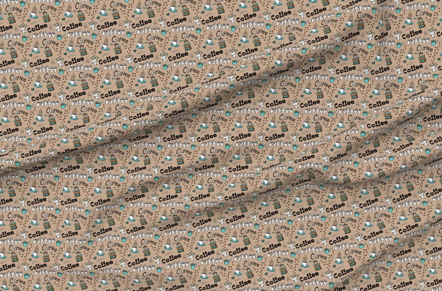 Spoonflower Fabric - Coffee Sign Tan Black Turquoise Mugs American Language Brown Latte Printed on Organic Cotton Sateen Fabric by The Yard - Sewing Quilting Apparel Home Decor
