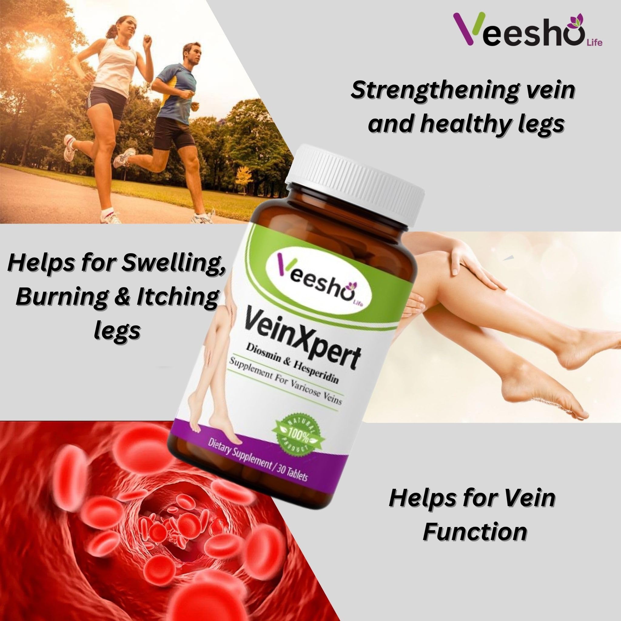 VeinXpert Varicose Vein Support | Ayurvedic Supplement for Leg Swelling, Heaviness & Pain Relief | Natural Circulation & Vein Health Formula| 60 Tab