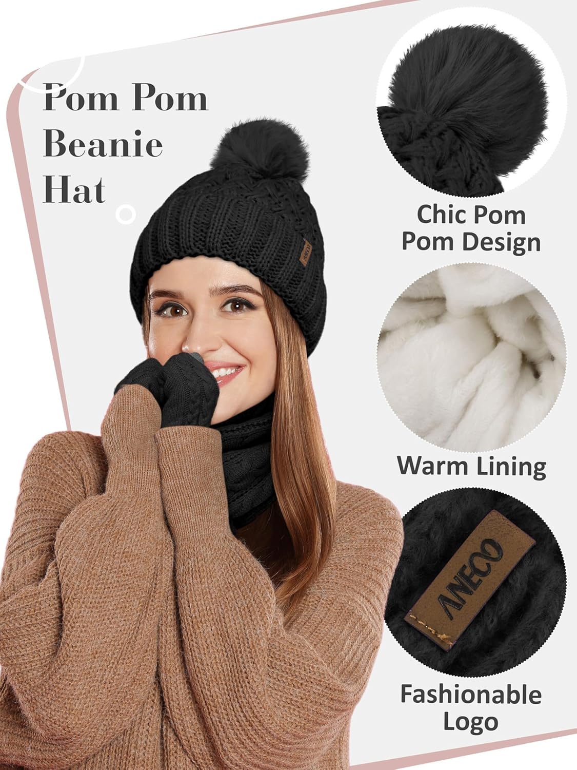 Aneco Women Winter Beanie Hat Scarf Gloves with Pom Pom Fleece Lined Touchscreen Gloves Set Thick Warm Knit Cap 3-in-1 Set - Image 3
