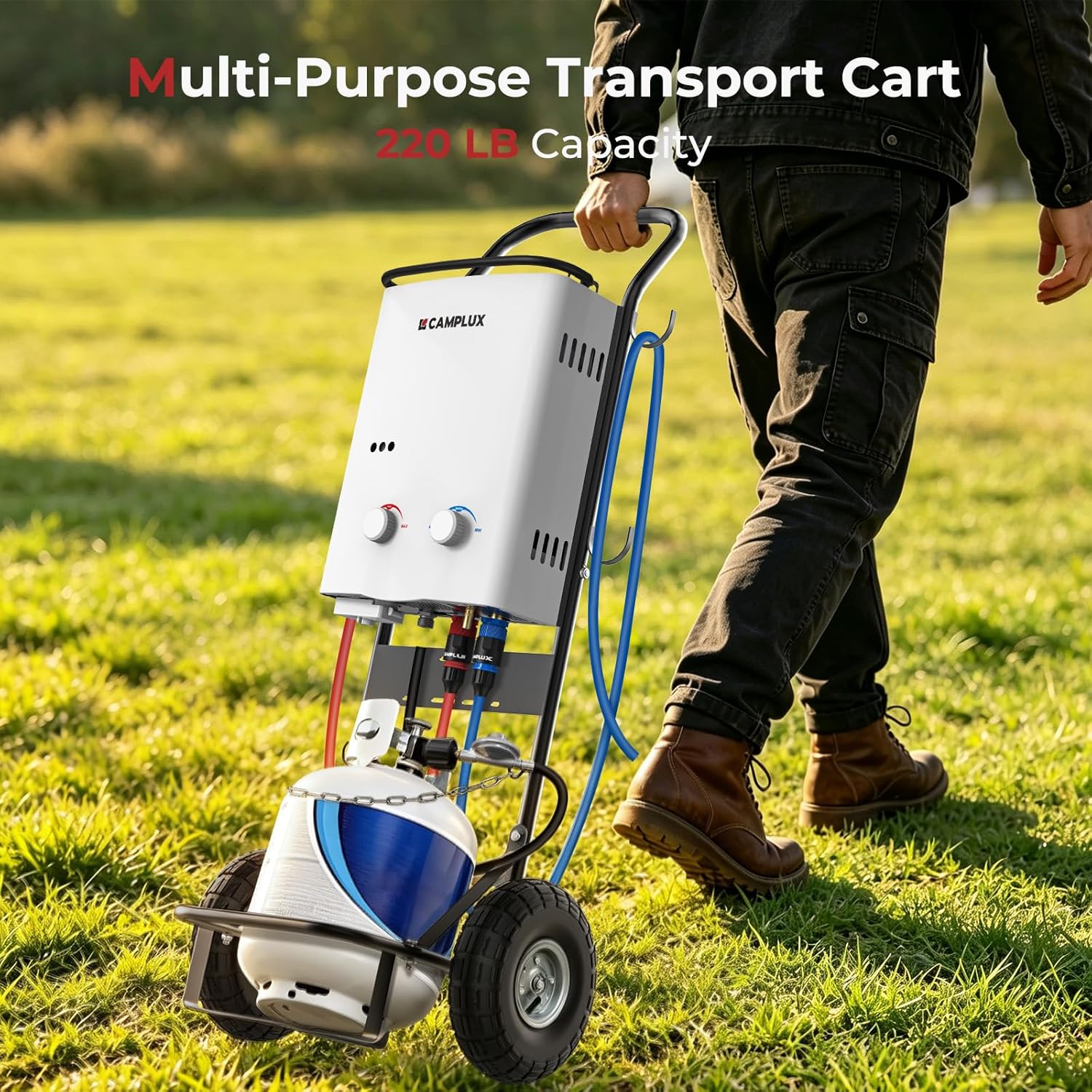 CAMPLUX Dolly Hand Cart for Outdoor Tankless Water Heaters, 220 lb. Capacity, 10" Pneumatic Wheels, Utility Cart with 4 Hooks for Horse Stables, Farm Use, Animal Rescue Work & Camping