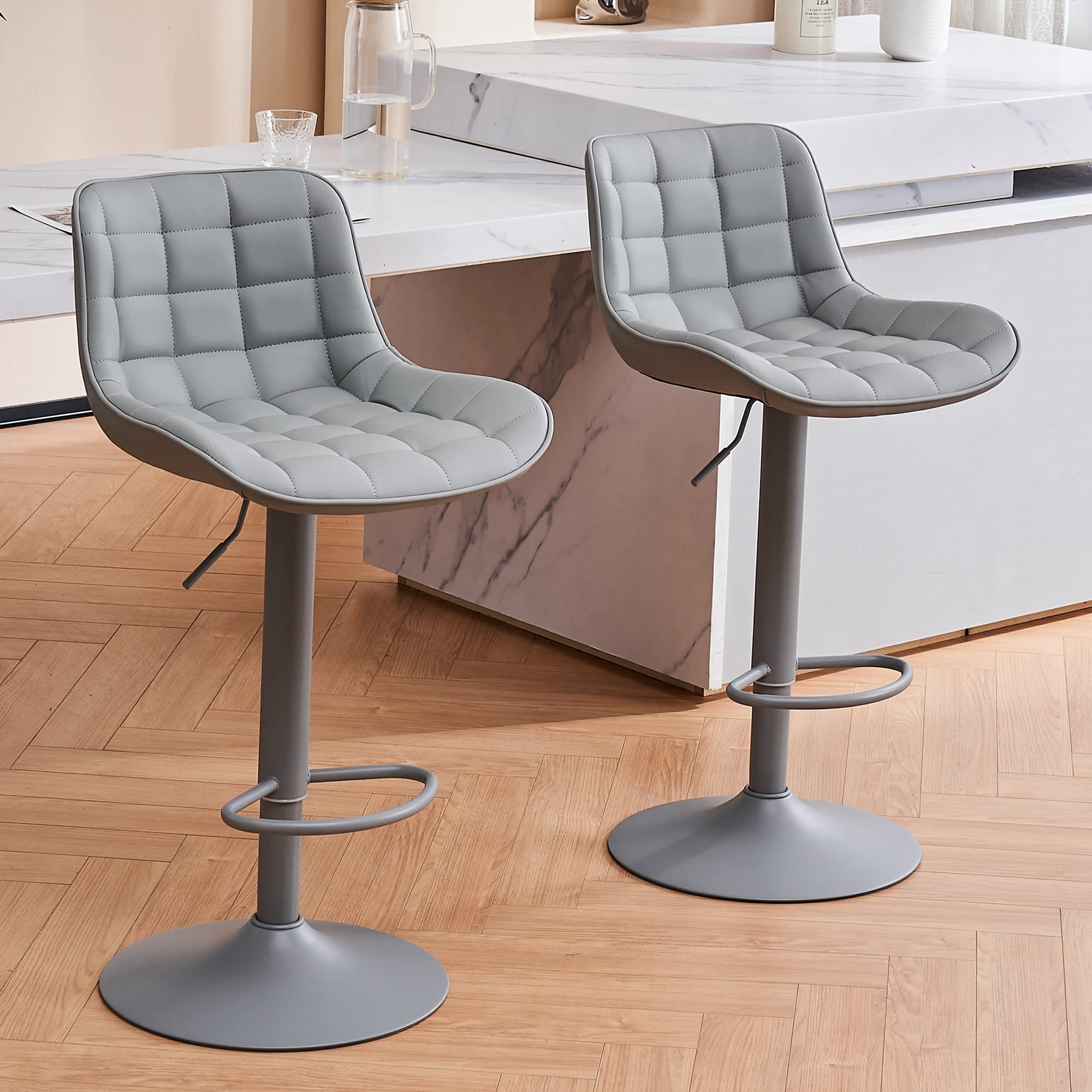 YOUTASTE Bar Chairs Set of 2 Kitchen Bar Stool Adjustable Height Swivel Barstools with Back PU Leather Modern Dinning Chair for Breakfast Counter Grey