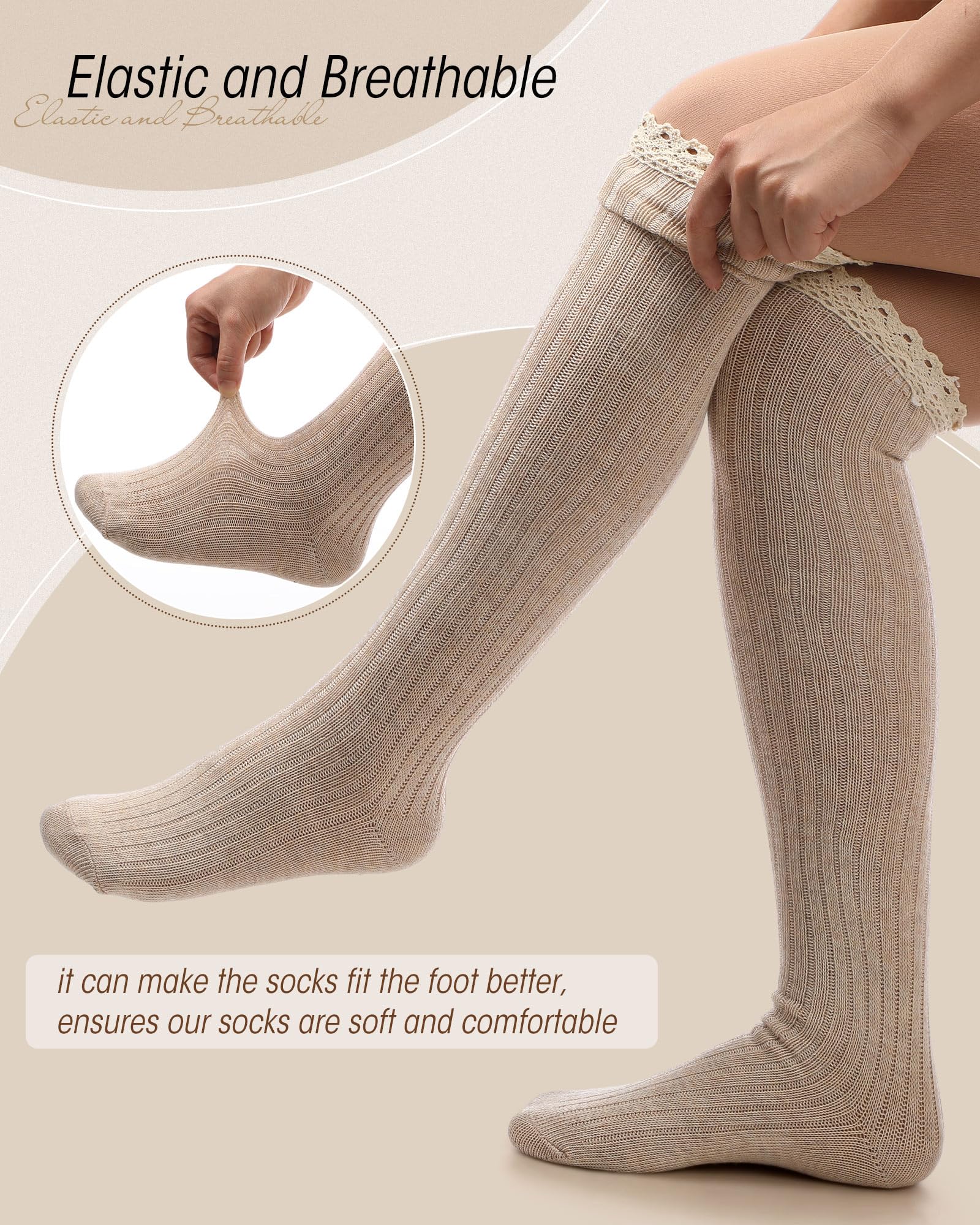Syhood Paquete de 6 calcetines de punto de algodón para mujer, calcetines altos hasta la rodilla con ribete de encaje, calcetines de encaje, calcetines altos para botas por encima de la rodilla,