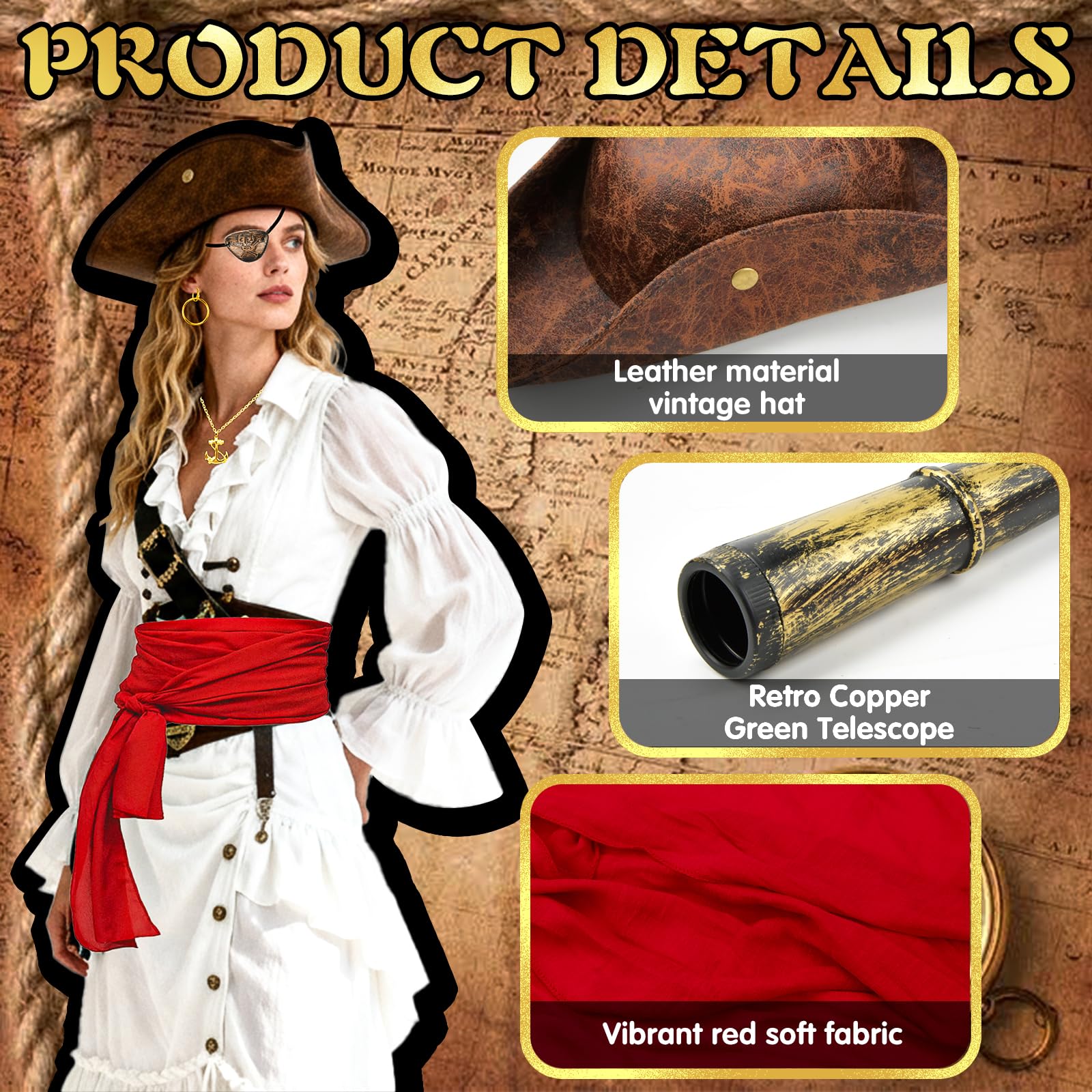 Halloween Pirate Costume Set including Pirate Hat, Red Waist Scarf; Telescope; Anchor Necklace - Image 3