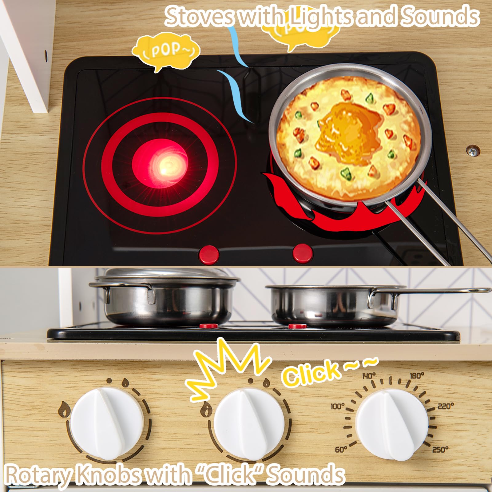 HOMASIS Cucina Giocattolo per Bambini con Luci e Suoni, Cucina Realistica in Legno con 3 Utensili, Rubinetto, Fornello, Microonde e Forno per Bambini da 3+ Anni (Bianco)