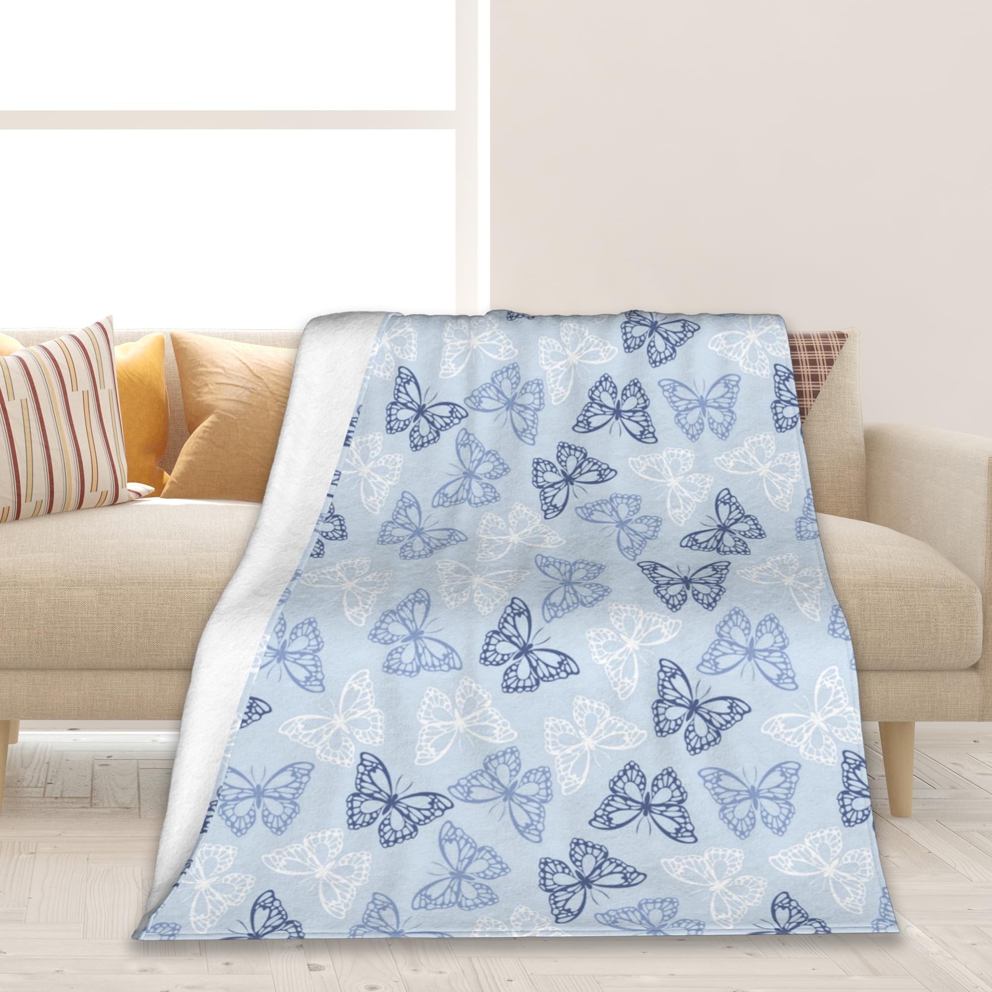 Blue White Butterfly Throw Blanket Soft Warm Cozy Lightweight Flannel Blanket for Bedding Sofa Travel 50"X60"