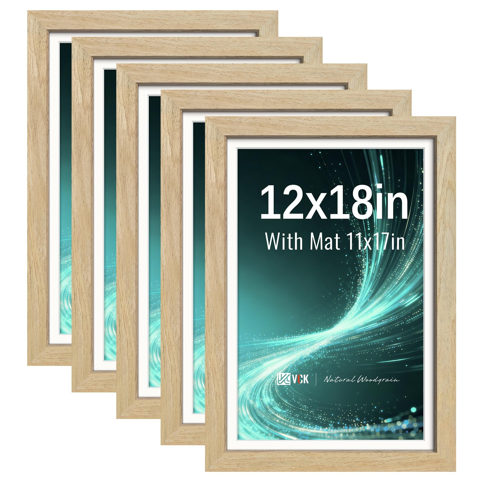 VCK 12x18 Picture Frame 5 Pack, Natural Exclusive Wood, HD Glass, for Print
