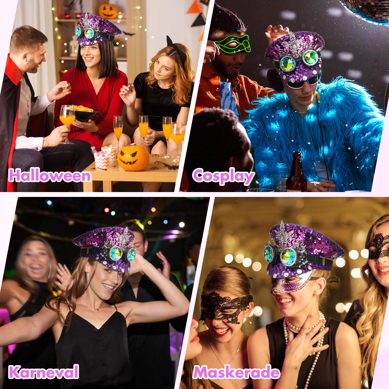 F Fityle Gothic-Hut, Partyhut, Glitzer-Pailletten-Kopfbedeckung, Strass-Brauthut für Karneval, Verkleidung, Bühnenshow, Braut, Hochzeit, Geburtstag, lila