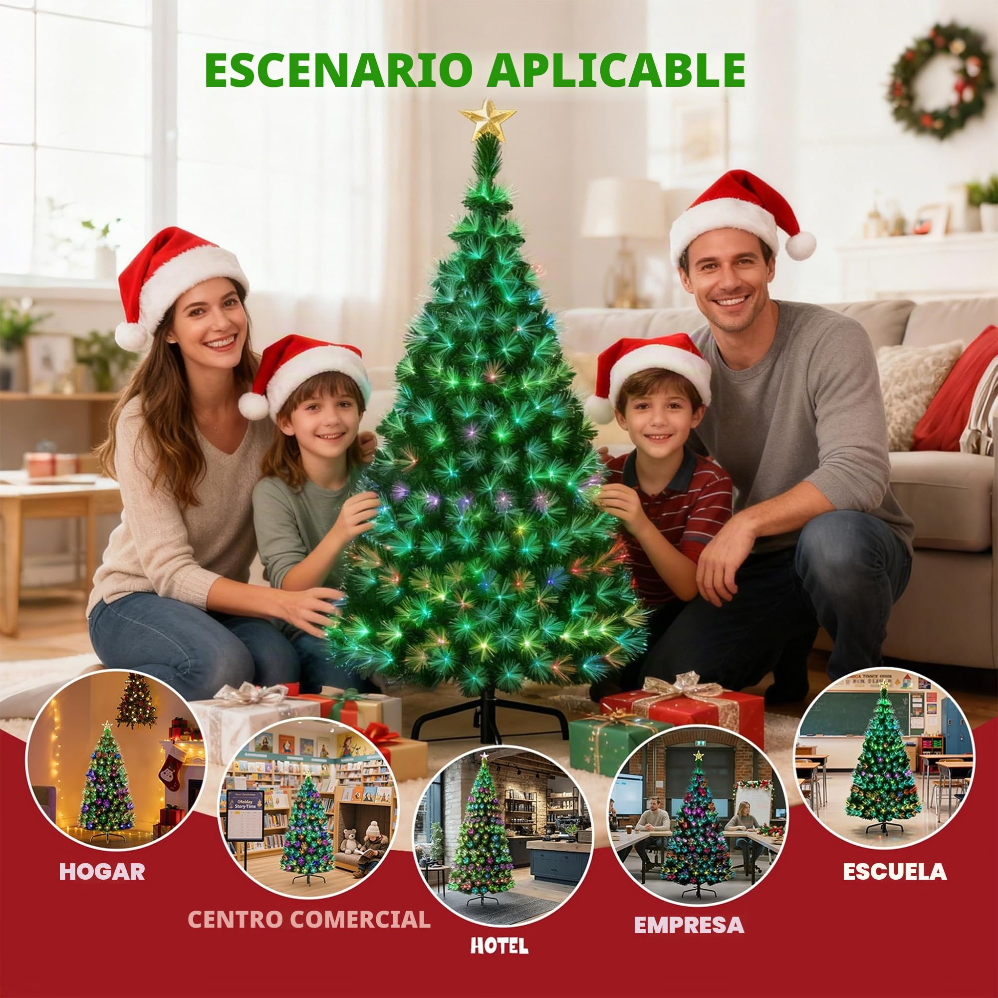 Aufun Árbol de Navidad Artificial 210cm,Árbol de Navidad con LED y Parte Superior de Estrella,Abeto de Fibra de Vidrio Artificial Que Cambia de Color para Hogar (2.1M,Fibra de Vidrio Colorida)
