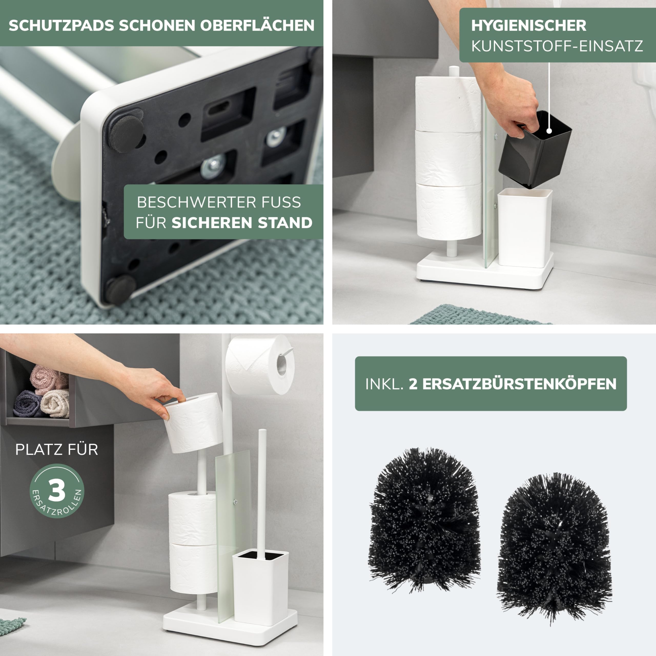 eluno Stand-WC-Garnitur 4in1, freistehende Toilettengarnitur inklusive WC-Bürste, 2 Ersatzbürstenköpfe, (Ersatz-) Rollenhalter für 3 Rollen, Ablage, satiniertes Glas und Metall (Weiß)