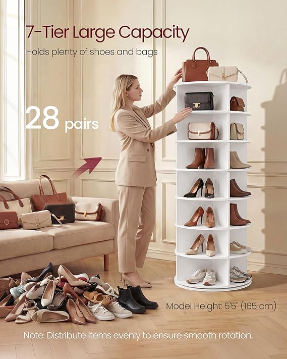 VASAGLE 7-Tier Rotating Shoe Rack Tower, Free Standing 360 Degree Spinning Shoe Organizer, Lazy Susan Bag Display Storage Rack, for Corners, Closets, Small Spaces, White ULBS047WZ01