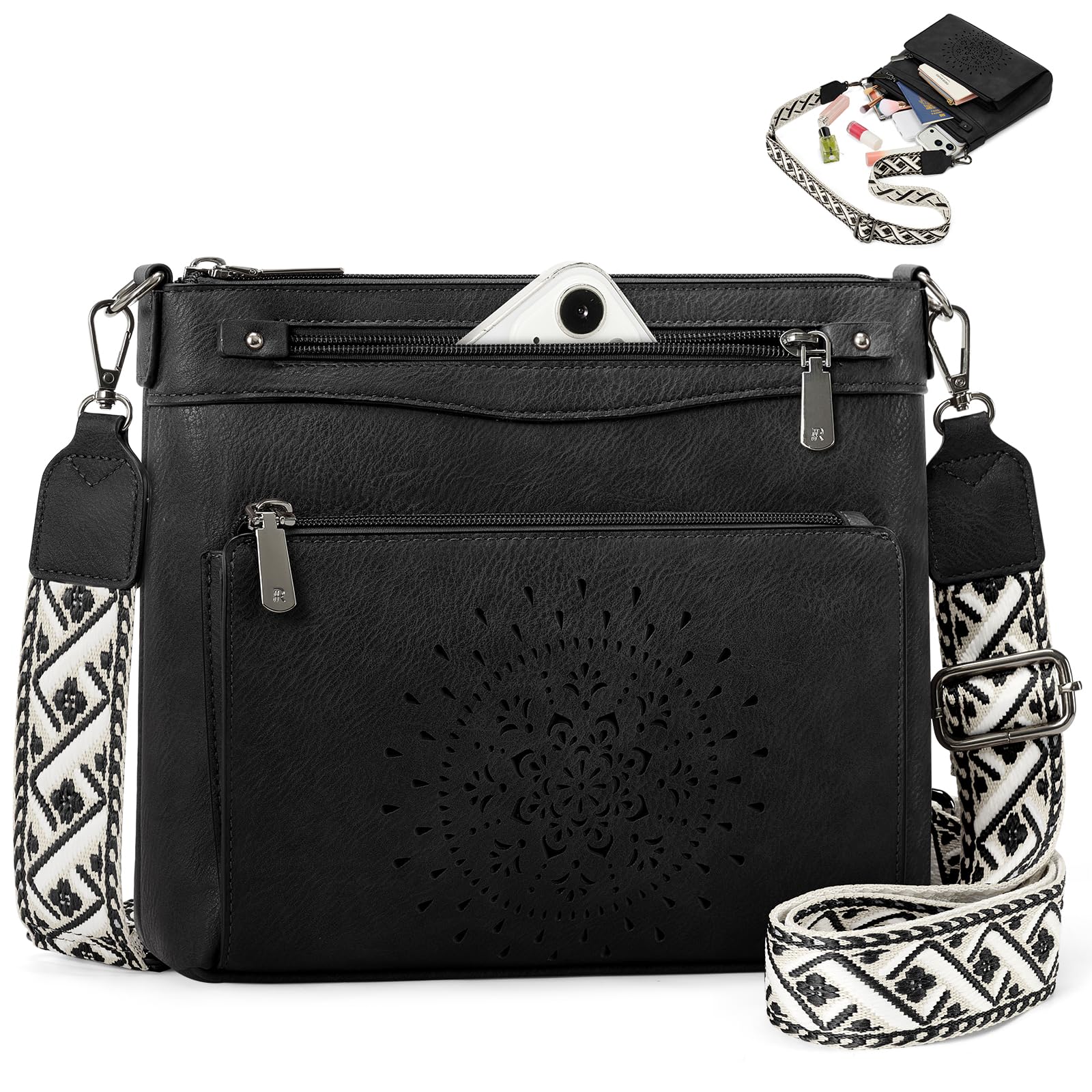 RAINSMORE Umhängetasche Damen Mittelgroß, Crossbody Bag mit Kartenfächer | Vintage Schultertasche PU Leder, Elegante Handtasche mit Breitem Gurt für Alltag & Reise, Schwarz