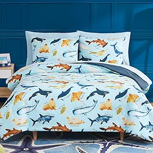 Full Size Comforter Set for Boys-7 Pieces Ocean Animals Glow in The Dark Full Bedding Sets for Kids, Ultra Soft Bed in A Bag with Sheets