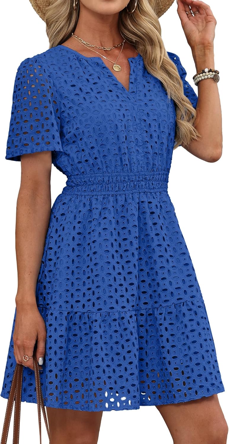 RUMIA Womens Dresses 2026 Summer V Neck Eyelet Lace A Line Short Spring Wedding Guest Dress - Image 3