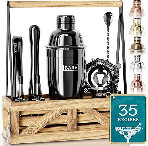 BARE BARREL Mixology Bartender Kit Bar Set Juego de coctelera de Martini Herramientas de mezcla de barware para el hogar Carrito portátil rústico