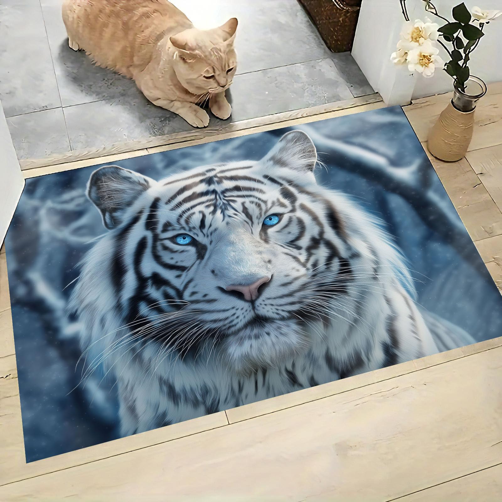 Paillasson tigre blanc 90x150 cm tapis d'entrée doux pour salon et couloir forêt