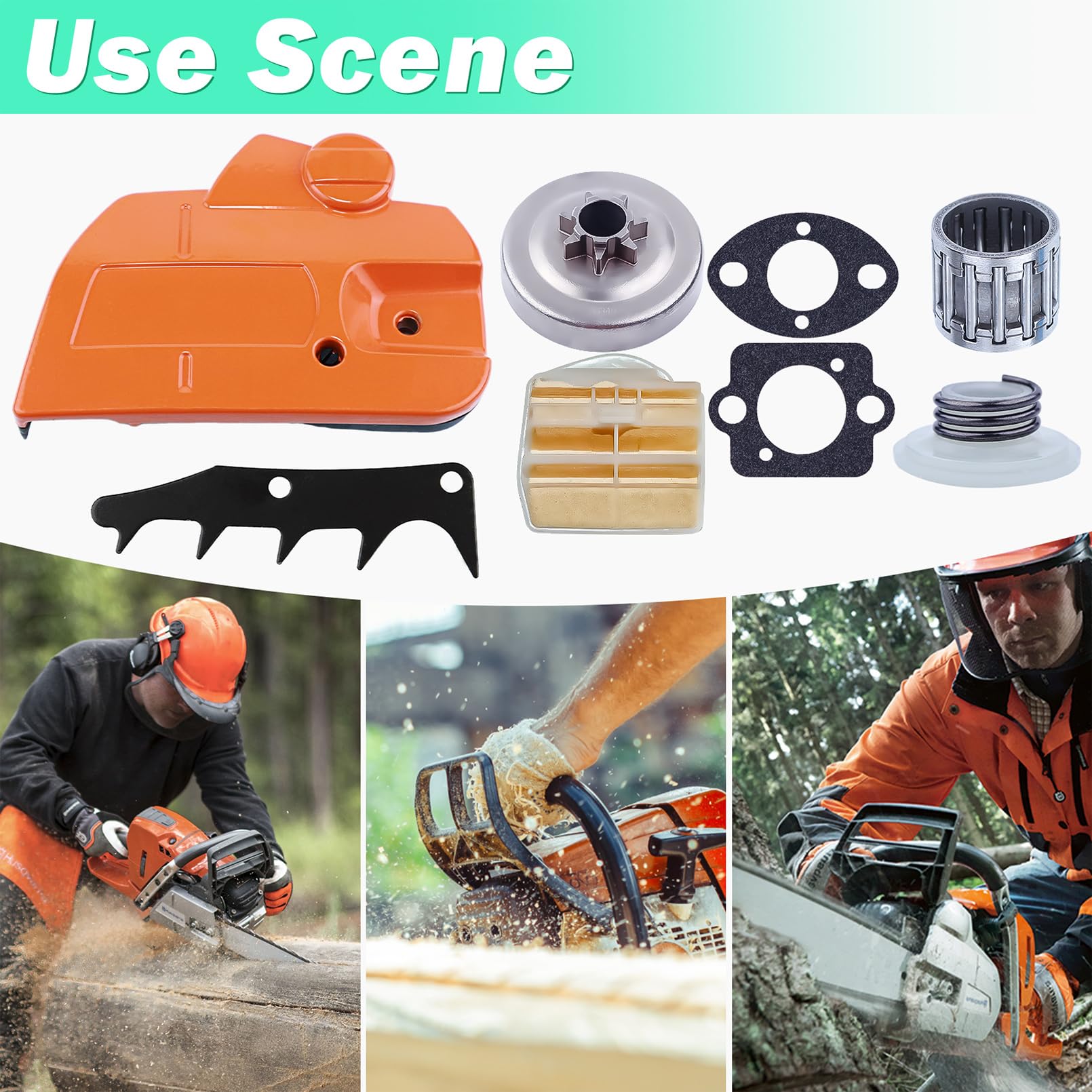 Cubierta de embrague de freno Kit Para Husqvarna 445 450 con tambor de embrague 7T de .325 ", engranaje helicoidal, filtro de aire, cojinete de agujas 544097902, 578097901