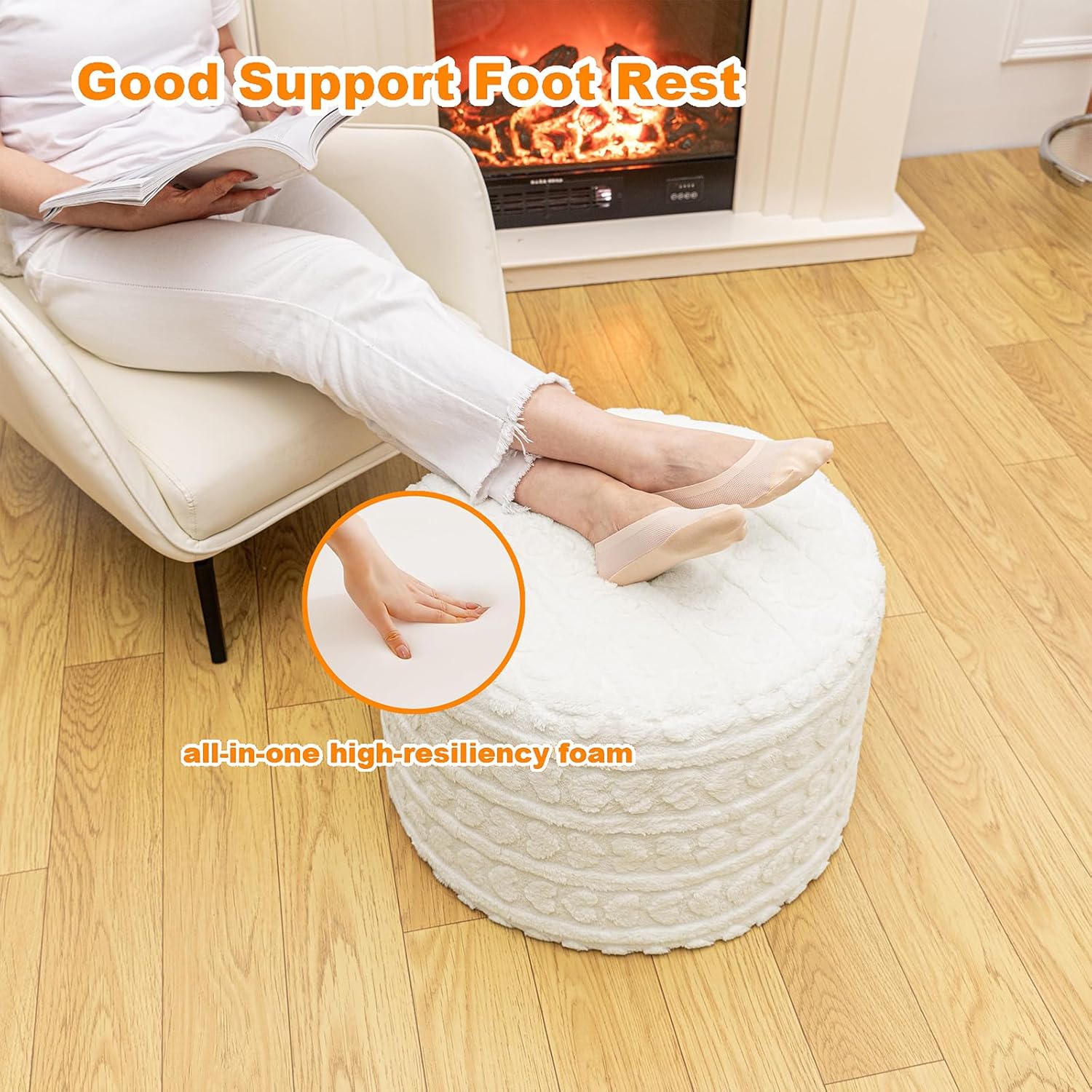 Round Pouf Ottoman 20x14 Inches Soft Heart Printed Footstool Ottomans for Living Room Comfort Floor Pouf Modern Foam Stuffed Poofs Perfect to Rest Your Feet for Couch Desk Ivory