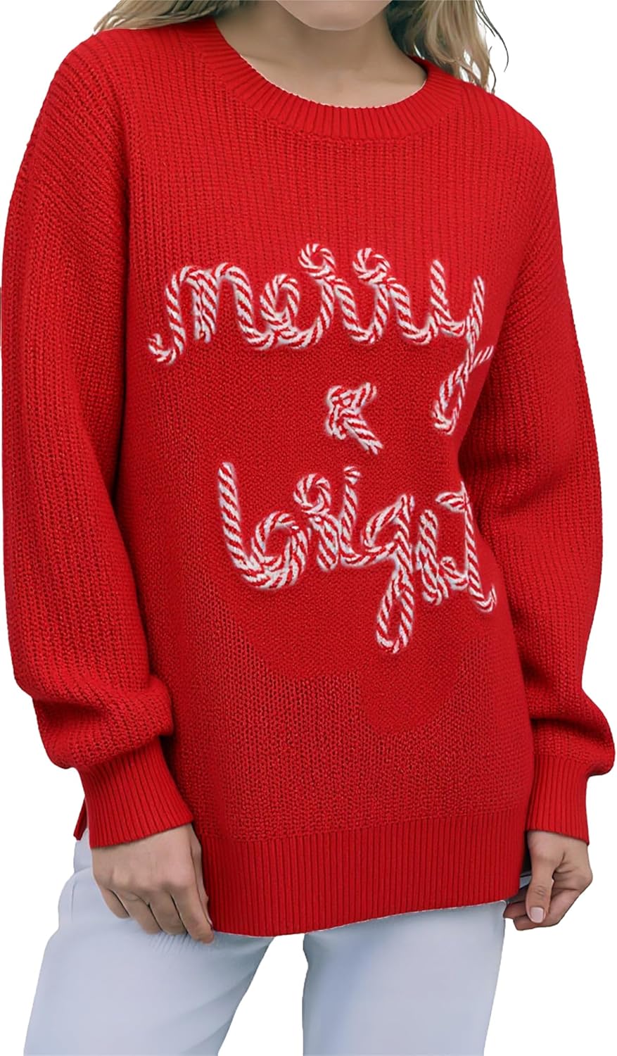KevaMolly Womens Long Sleeve Sweaters HOHOHO Merry Christmas Drop Shoulder Casual Chenille Graphic Holiday Pullover Tops