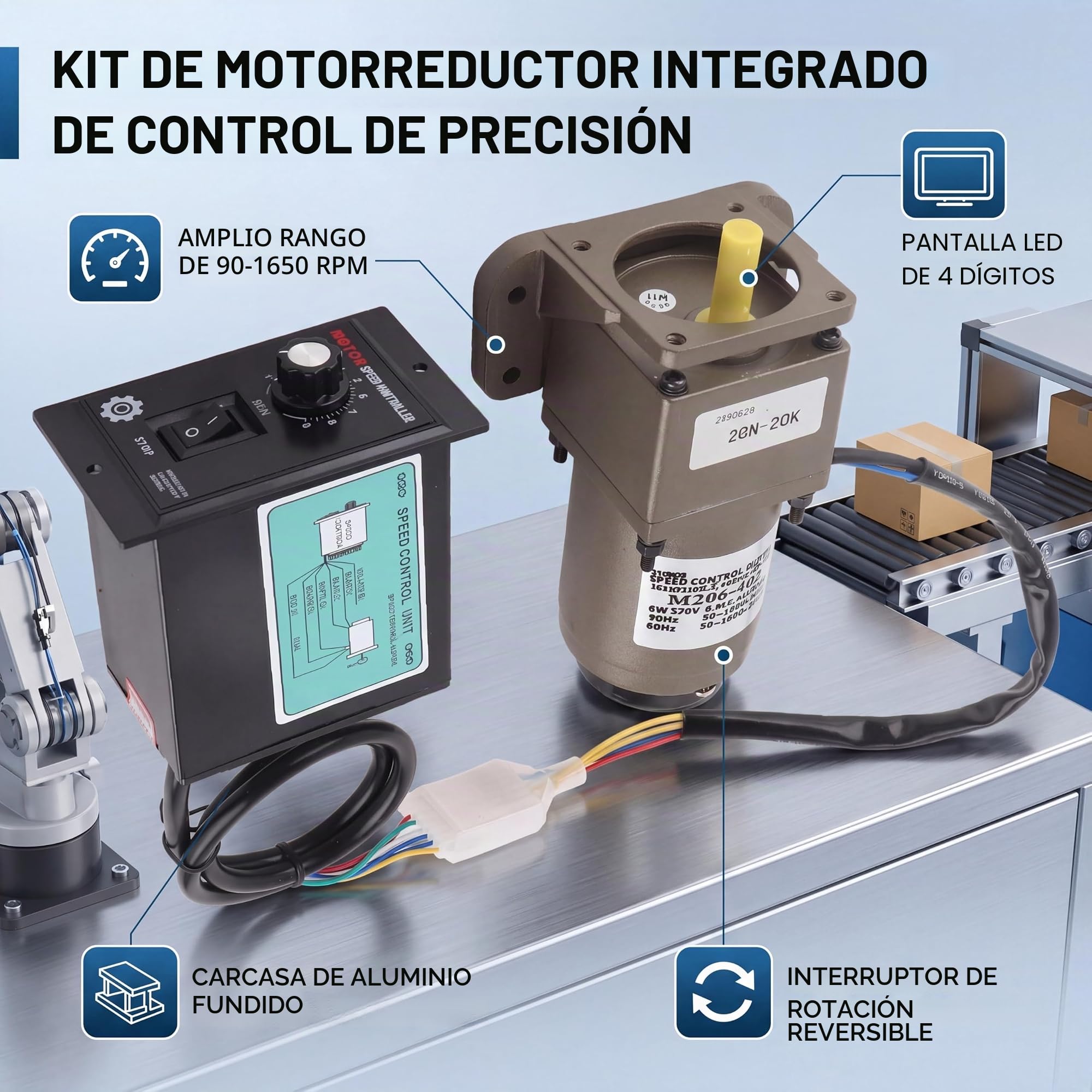 Motor Asíncrono Monofásico 220V 6W con Reductor de Velocidad Ajustable Reversible 4 Polos Metal para Aplicaciones Industriales