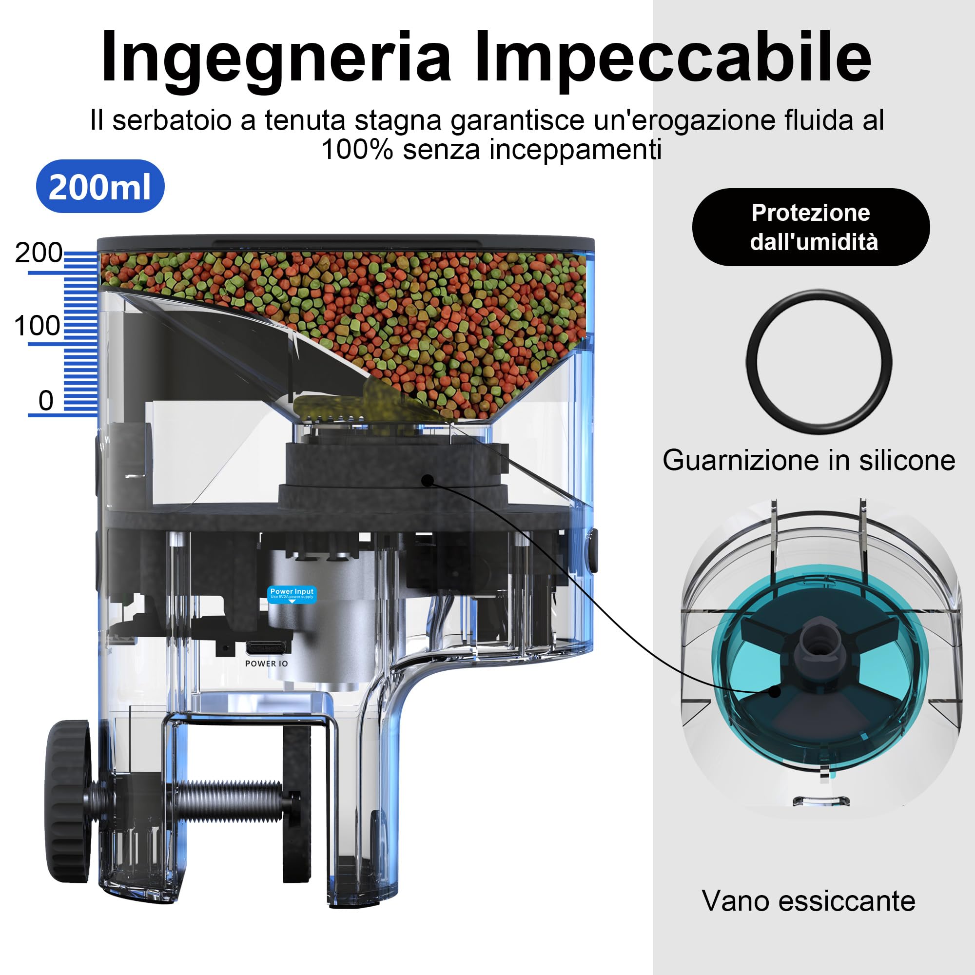 Distributore Cibo Pesci Automatico WiFi con Telecamera 2.5K HD, Mangiatoia Smart App 2.4G/5G, Dosaggio 0.2g/0.6g, Bianco