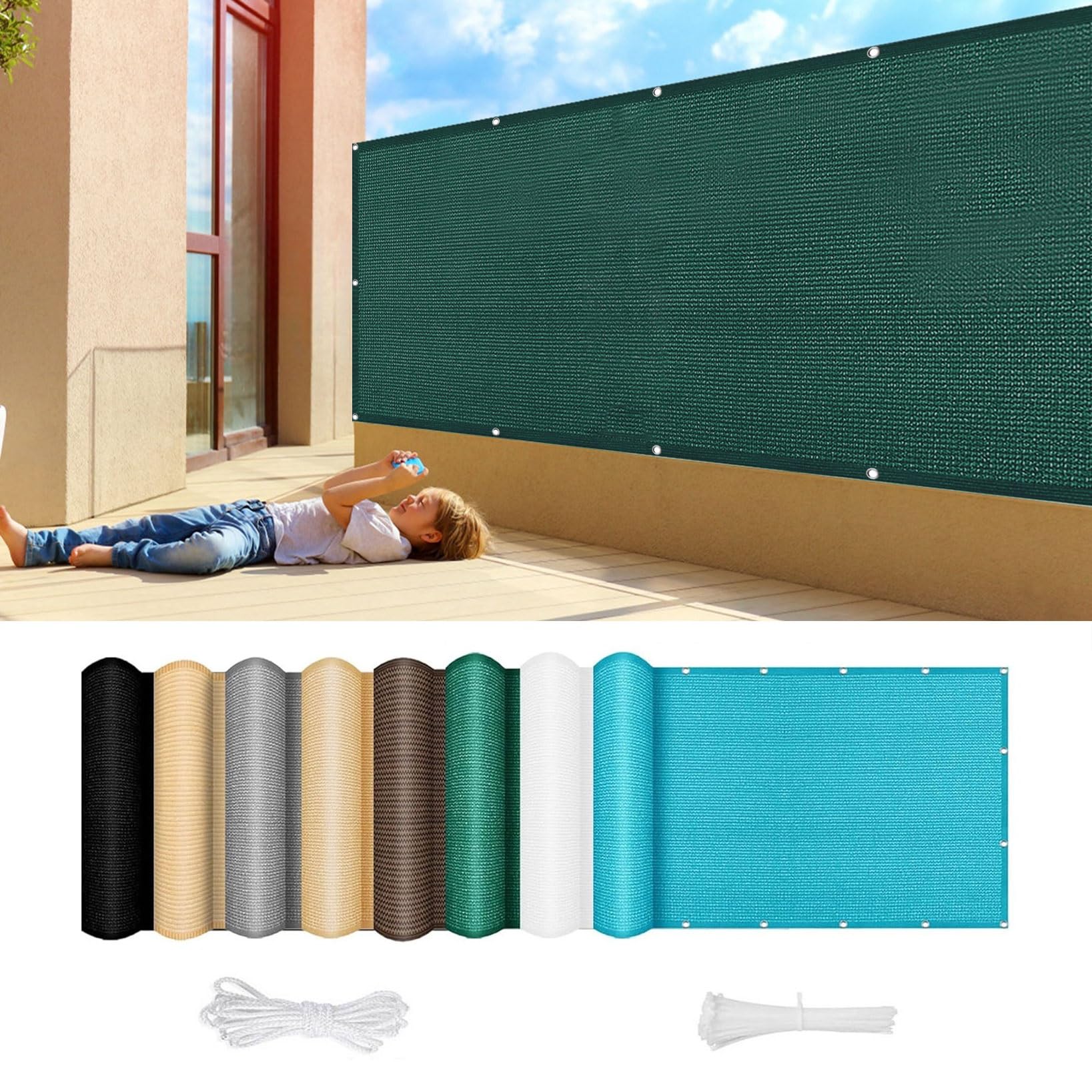 Balkonowy Ekran Prywatności 140 x 800 cm Ochrona Przed Promieniowaniem UV Ekrany Chroniące Prywatność Na Patio Bez Wiercenia, Z Liną I Oczkami Ekran Ogrodzeniowy Na Balkon, Ciemnozielony