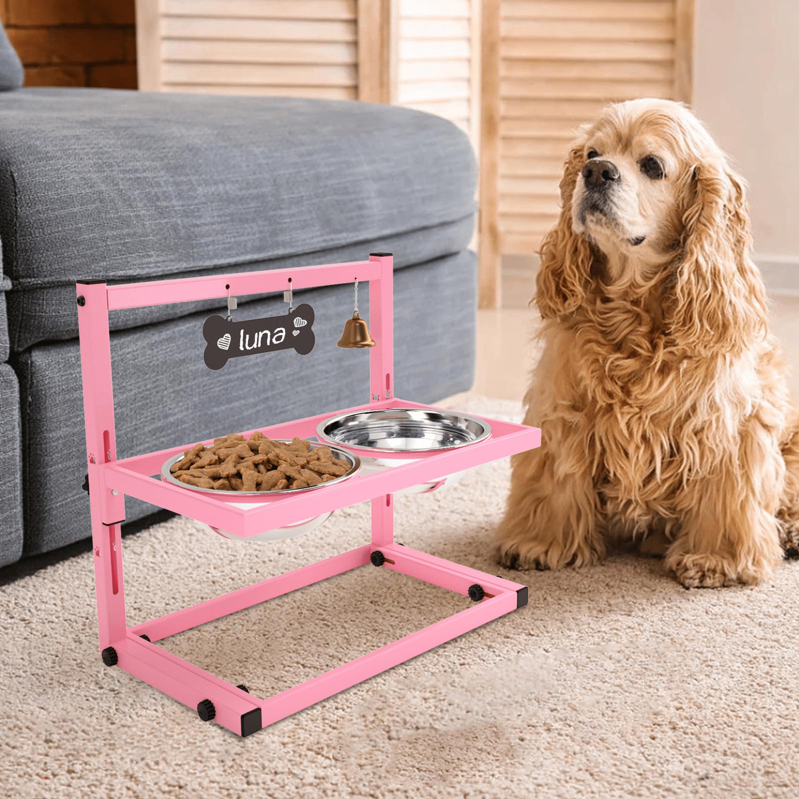 SHAINFUN Elevated Dog Bowls for Small and Medium Dogs, Raised Dog Bowl Stand with 2 Stainless Steel Dog Food & Water Bowls, Adjustable Height Dog Feeder for Puppy, Cute Pink — image 1