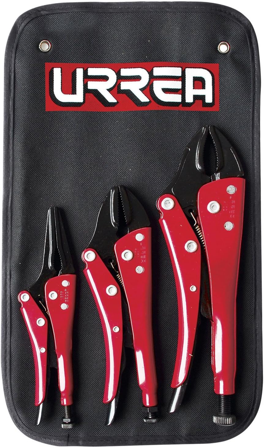 URREA Locking Pliers Set - 3-Piece Adjustable Welding Plier Tool Roll with 9.25-Inch, 7.5-Inch Curved Jaw Pliers & 7" U-Clamp Plier - 4100