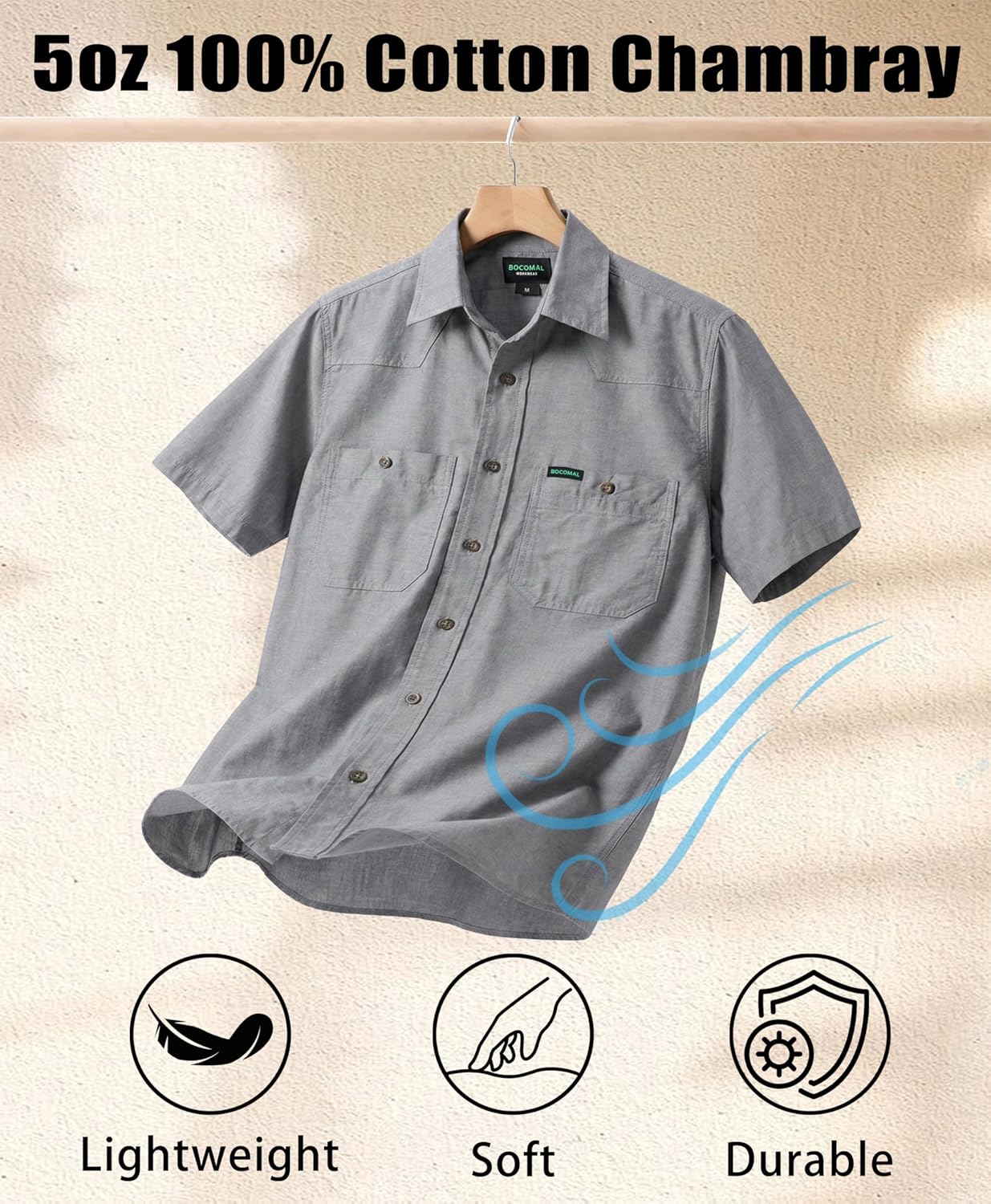 BOCOMAL Men's Short Sleeve Button Down Work Shirts Summer Relaxed Fit - Lightweight 100% C Chambray, EX-Soft, Utility Pockets