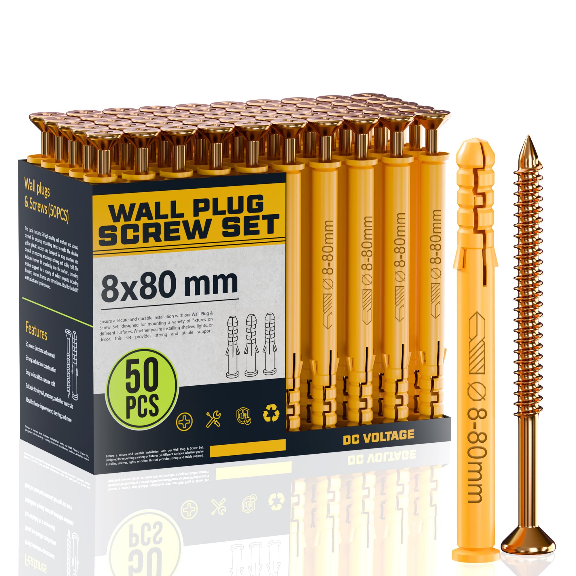 DC VOLTAGE 50pcs Wall Plugs and Screws Set 8 x 80 mm Anchor Bolts For Masonry Brick Concrete Heavy Duty Brick Concrete Fixings Plugs Assorted Set