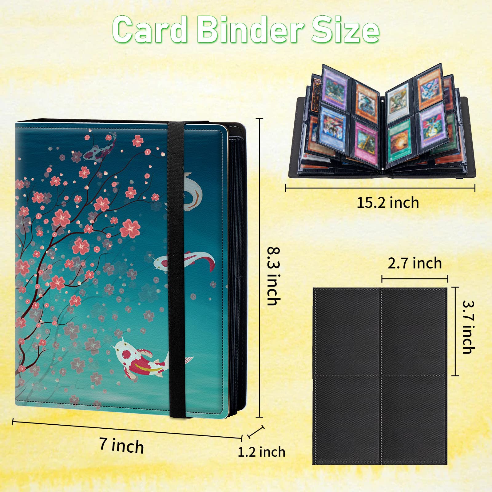 Carpeta de tarjetas de 4 bolsillos con patrón de flor de cerezo y peces, ranura para 400 tarjetas, material de piel sintética, 7.5 x 8.3 x 2.7 pulgadas