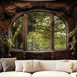 QGHOT Forest Window Tapestry, Nature Outdoor Tapestry Wall Hanging Woodl...