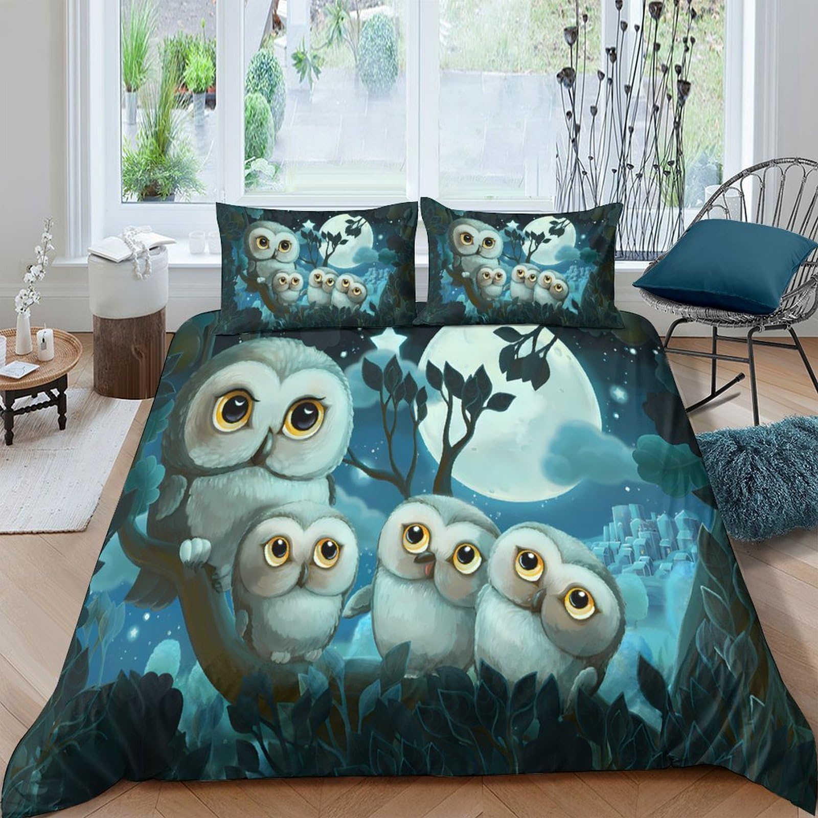 Parure de lit couple amoureux forêt enchantée | Nuit Hibou Family nid douillet 3 pièces