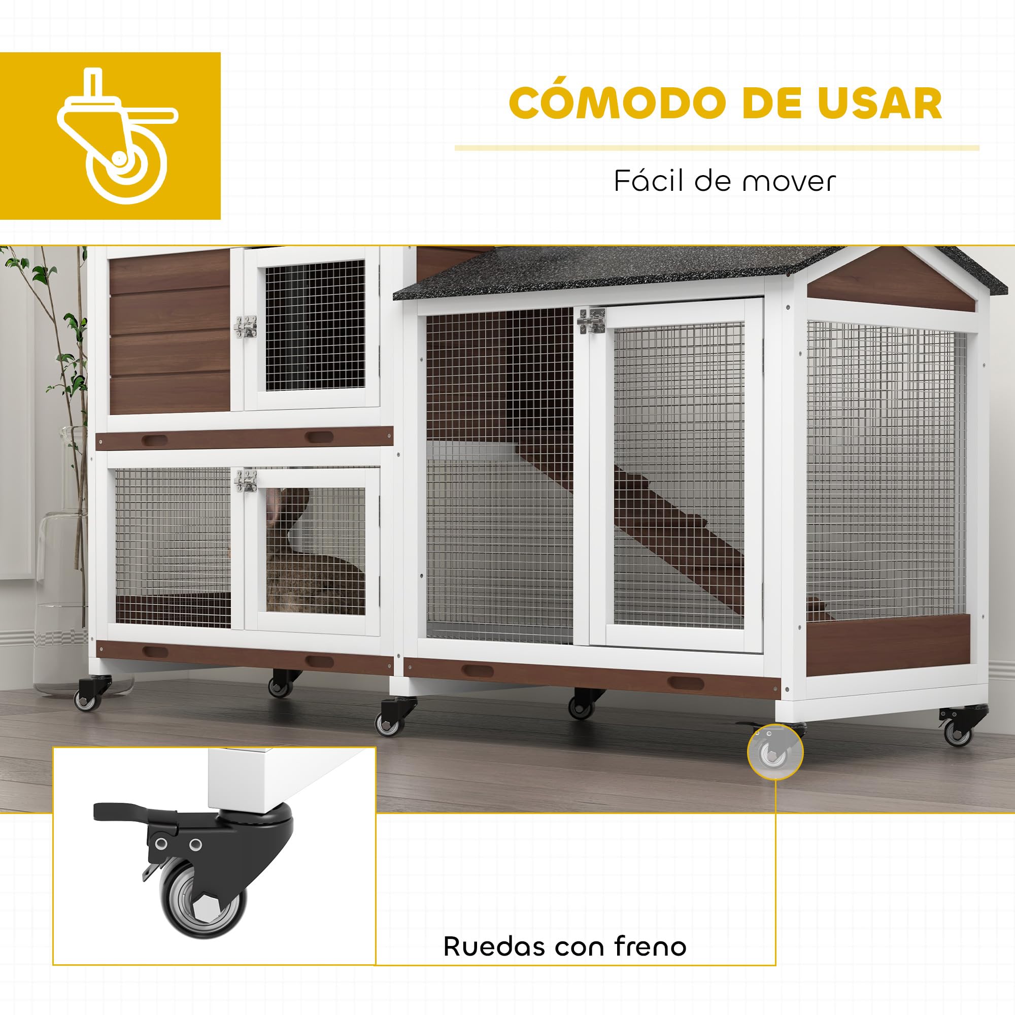 PawHut Conejera de Madera con Ruedas 157,4x53x99,5 cm Jaula para Conejos Grande con Techo Asfáltico Bandejas Extraíbles y Rampa para Exterior e Interior Marrón
