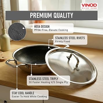 Vinod Platinum SAS Pro Triply Stainless Steel Extra Deep Kadai with Lid, 4.8L, 28cm | Hybrid Non-Stick Hexa Wok | Induction Compatible | Sturdy Handles | Deep Frying & Curry Pan - Silver