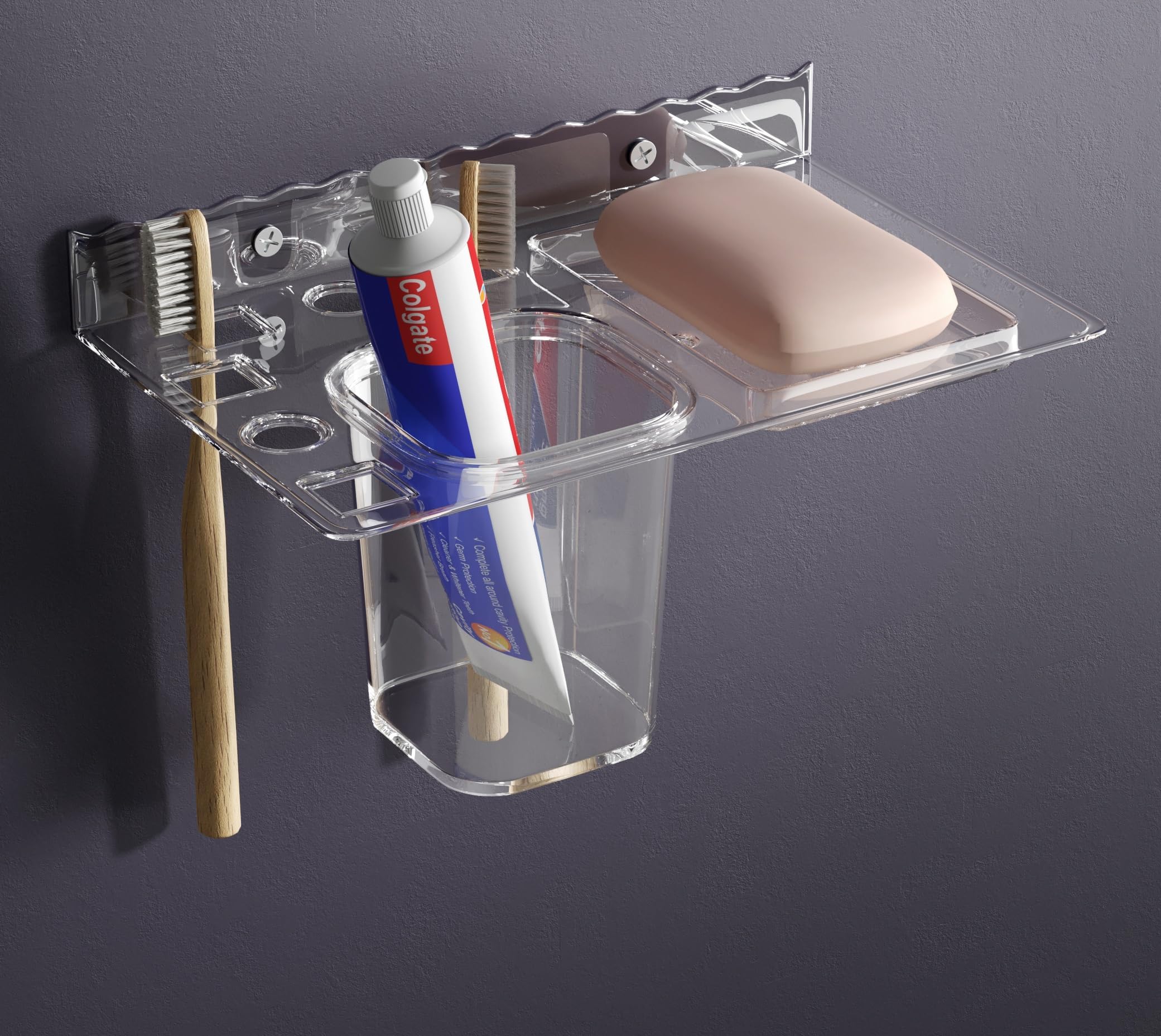 GLOXY Unbreakable Wall Mount Acrylic Corner soap Dish with Toothbrush & Tumbler Holder Shelf Usable for Bathroom and Wash Basin Area, Bathroom Accessories