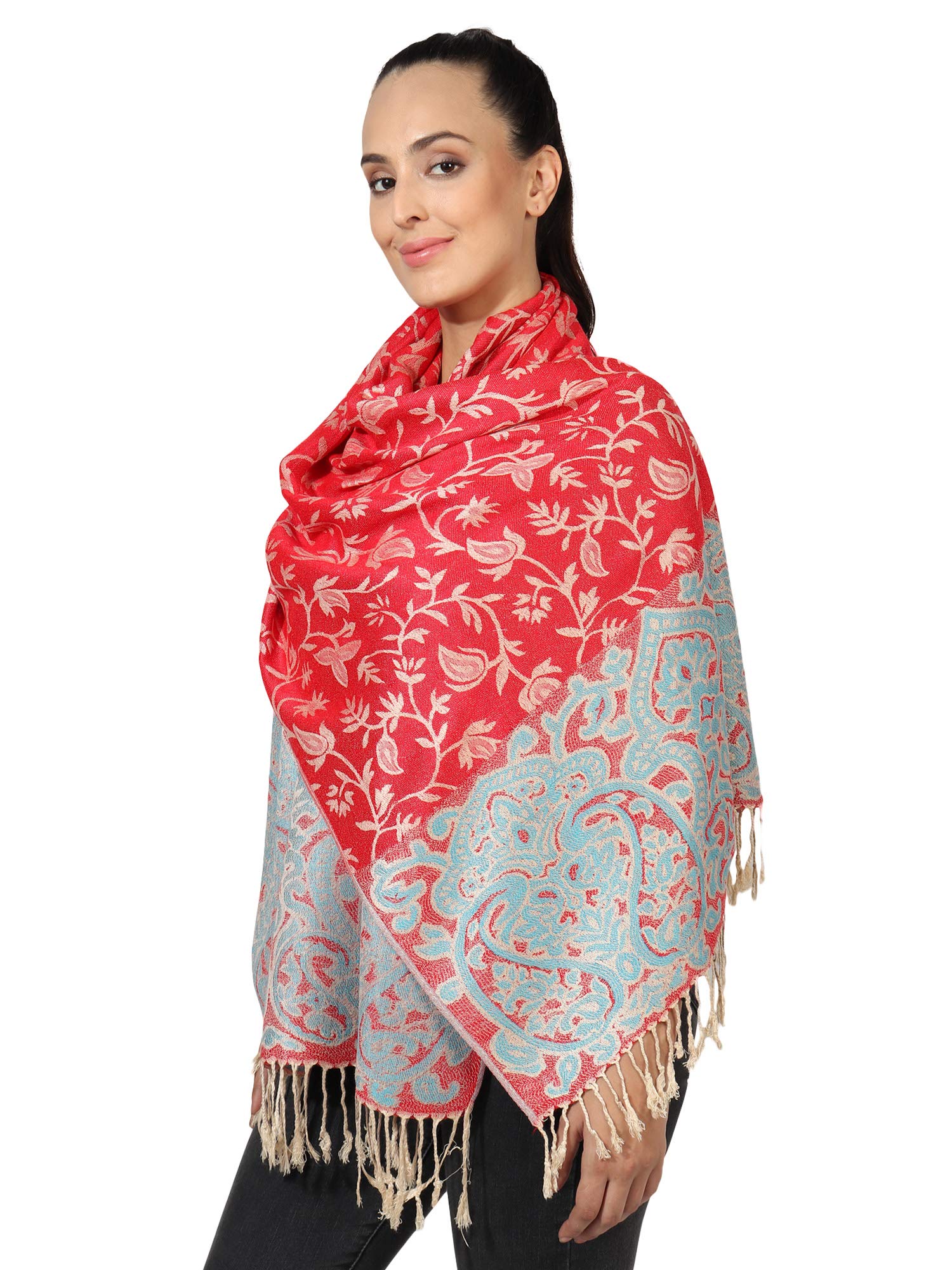 World of Shawls Ladies Floral Paisley Bordered Pashmina Feel Shawl Scarf Wrap Stole Luxuriously Warm Soft and Silky Touch (Red_SN78)