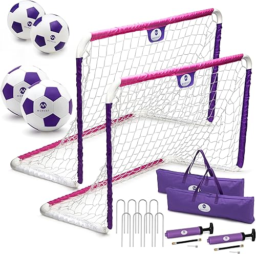 Morvat Juego de portería de fútbol infantil para patio trasero con postes de metal, 2 juegos de redes de 48 x 30 pulgadas, 4 pelotas de fútbol, 2