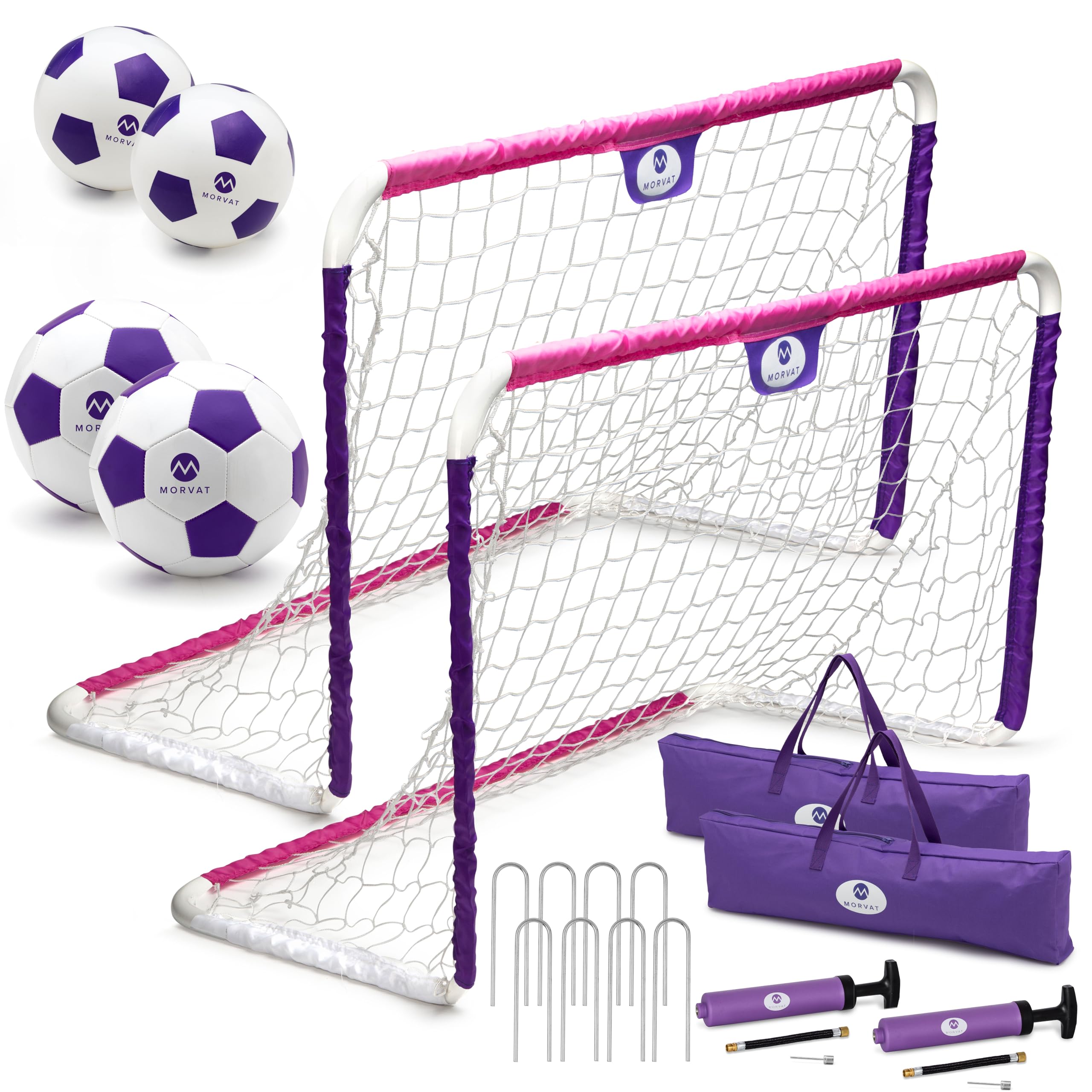 Morvat Kids Soccer Goal Set for Backyard with Metal Poles, 2 Sets of 48”x30” Nets, 4 Soccer Balls, 2 Pumps & 2 Storage Bags, Portable Folding Youth