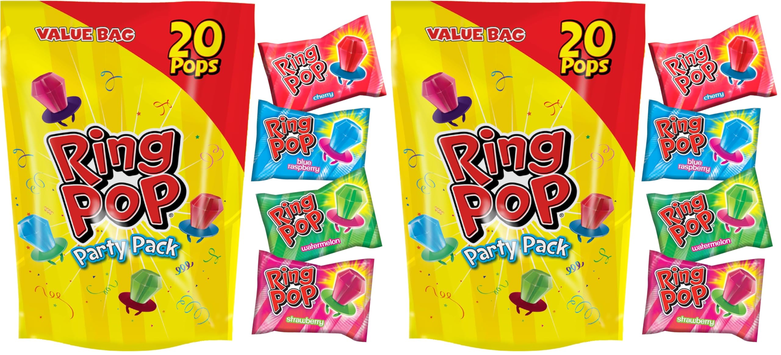 Ring Pop Candy,Valentine's Lollipops,20 Ct Party Favors in Assorted Fruity Flavors - Full Size,Fun Hard Candy For Birthday Parties,Valentine's Gifts,Goodie Bags,Party Favors,(Pack of 2)