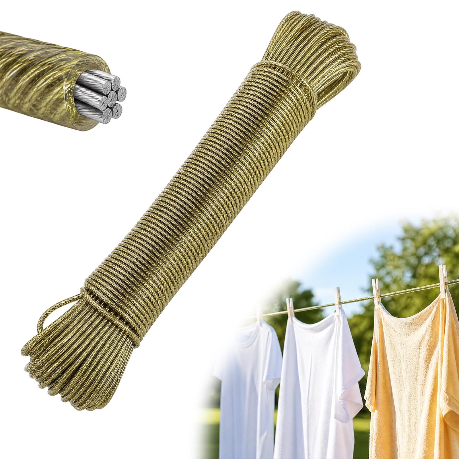 30m Washing Line Rope, Steel Core Clothes Lines for Outside, String 4mm Dia