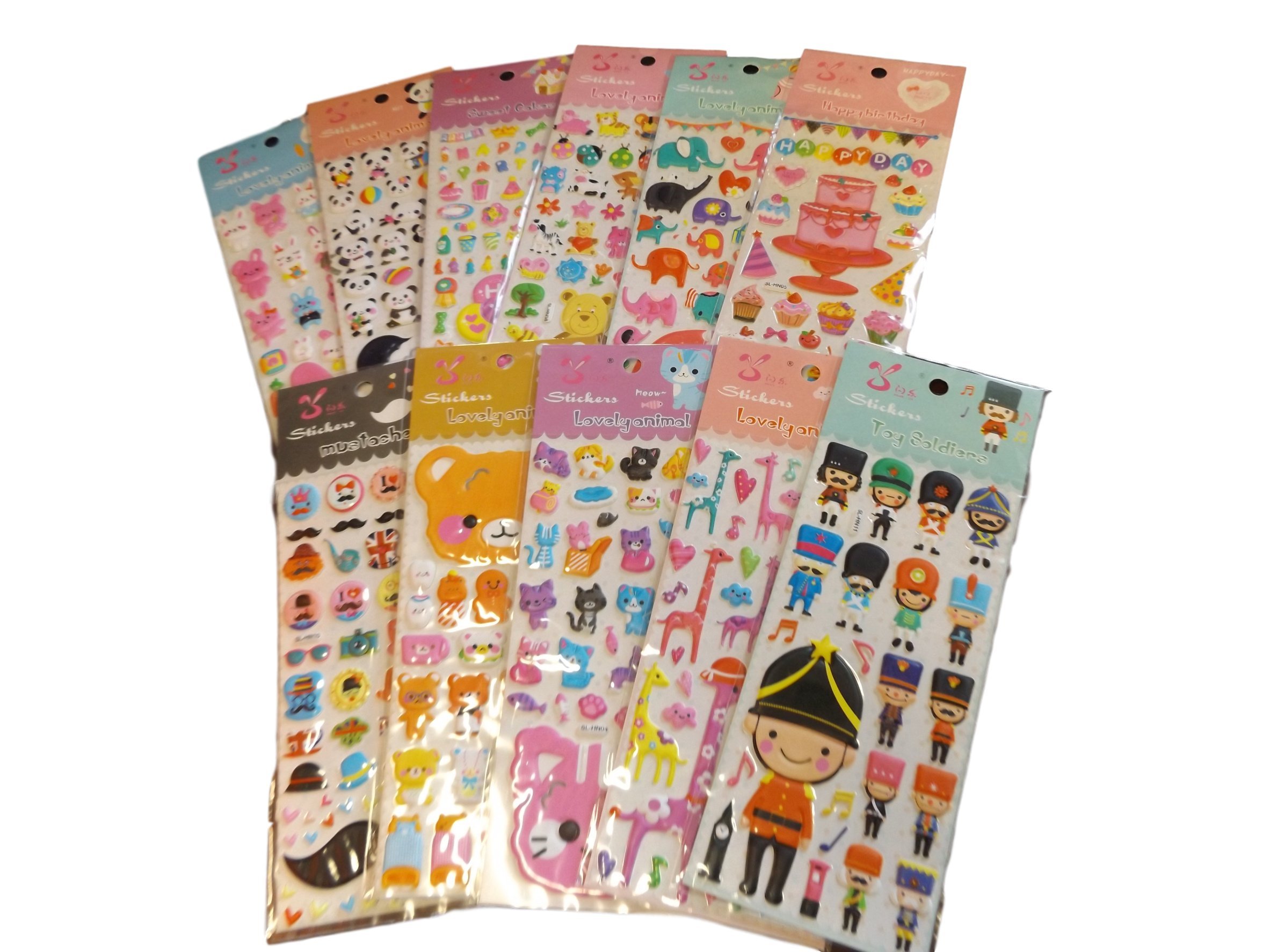 10x Sheets Colourful Kids Animal, Bows, Cars, etc. 3D Style Decal re-usable Stickers for Craft Kids Scrap Books Birthday Cards
