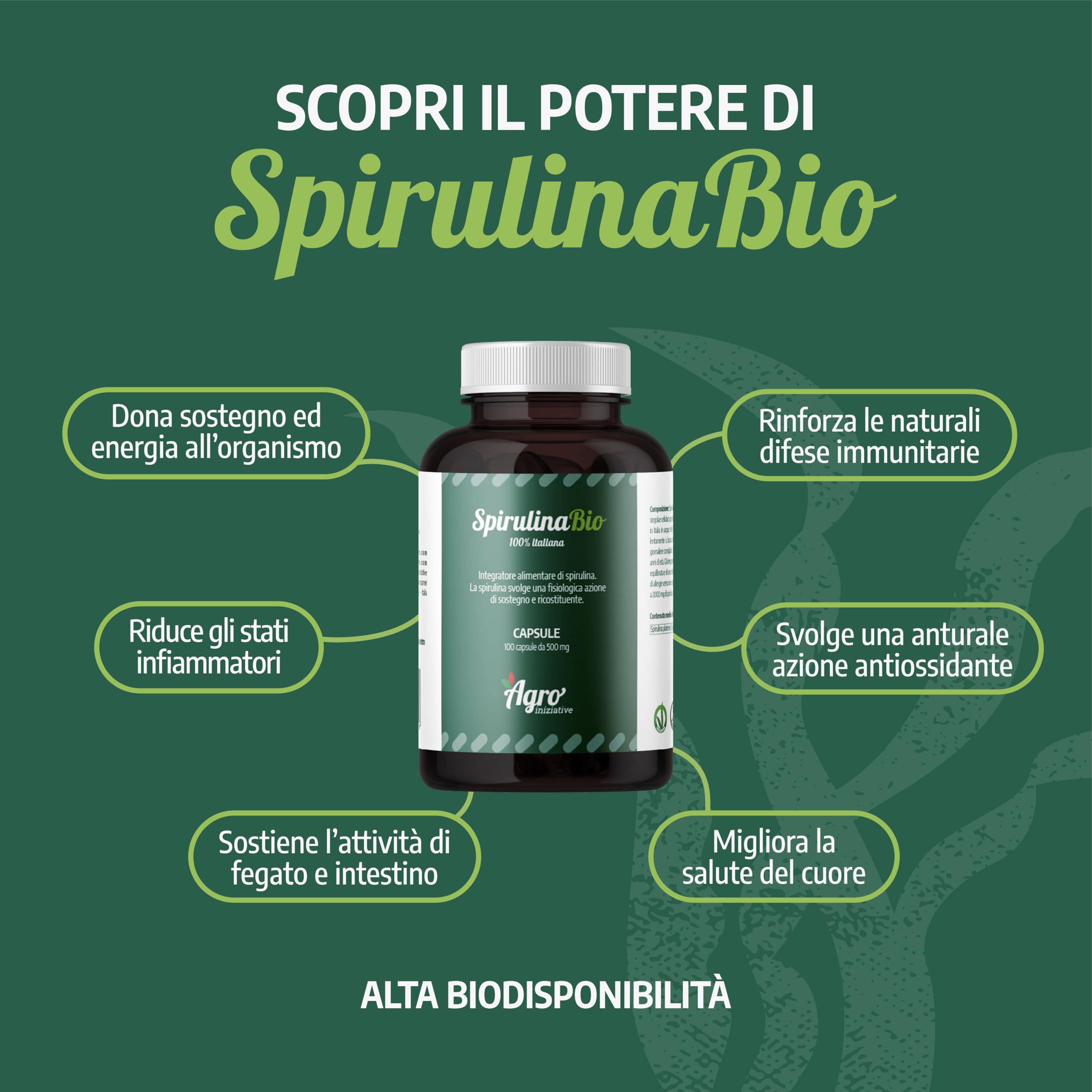 AGROINIZIATIVE SPIRULINA BIO 100 Cps Alga Spirulina Pura 100% 500 Mg Senza Glutine e Iodio Integratore Spirulina Concentrata Ricca di Ficocianina Ferro Omega 6 Spirulina Biologica PRODOTTA IN ITALIA