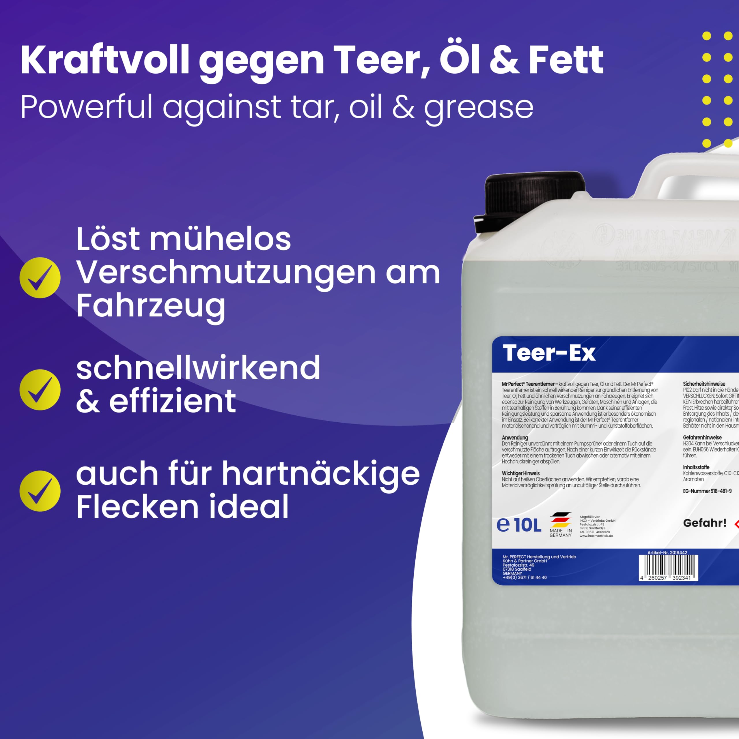 Mr. Perfect® Professioneller Teerentferner Auto - 10L I Bitumen Entferner - Entfernt effektiv Teer, Bitumen, Öl & Fett I Baumharzentferner - Teer Entferner für Auto, Wohnmobil, Werkzeuge & Mehr