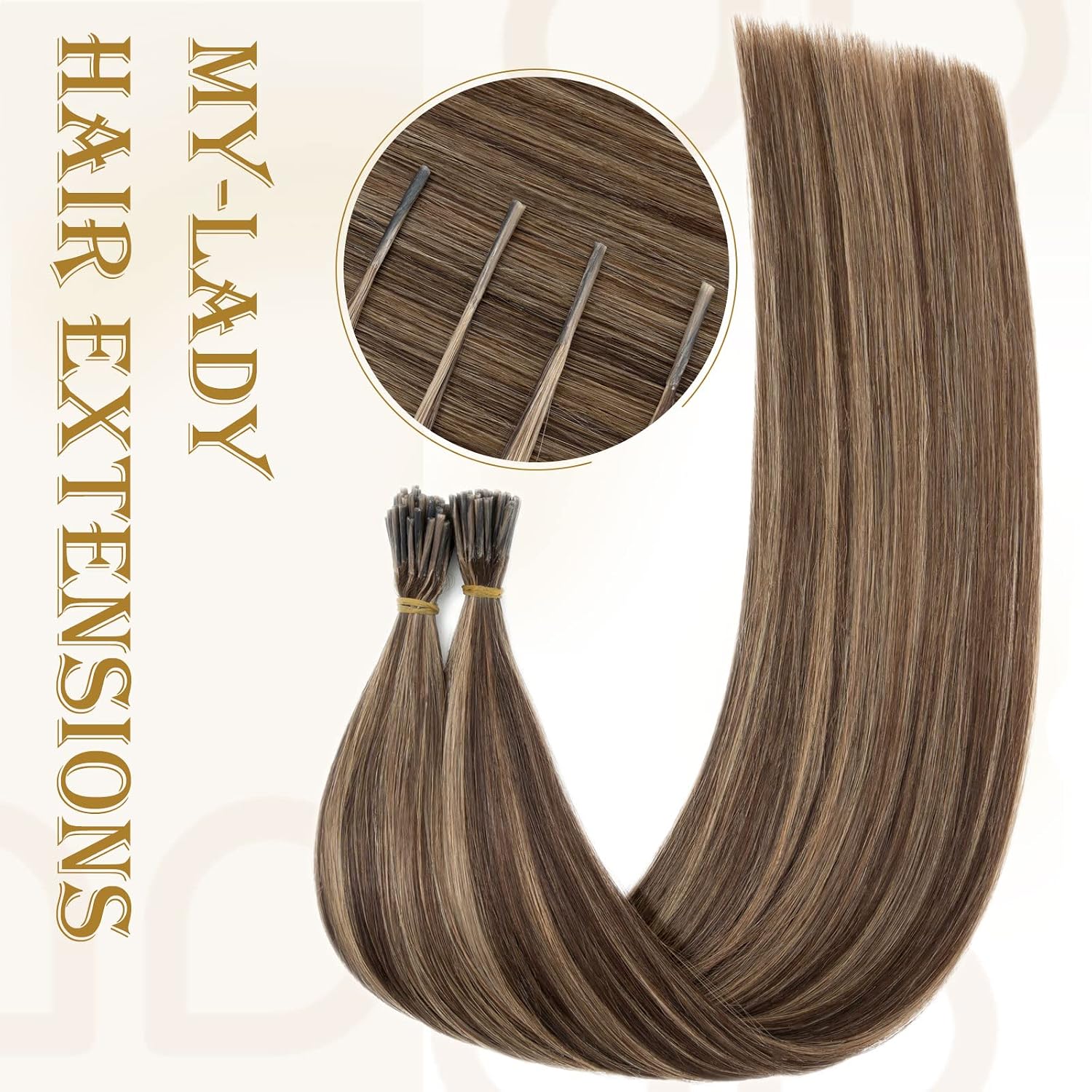 MY-LADY I Tip Hair Extensions Human Hair Medium Brown & Dark Blonde 20 Inch 50G 50Strands Straight Real Remy Hair Pre Bonded Keratin Fusion Itip Human Hair Extensions