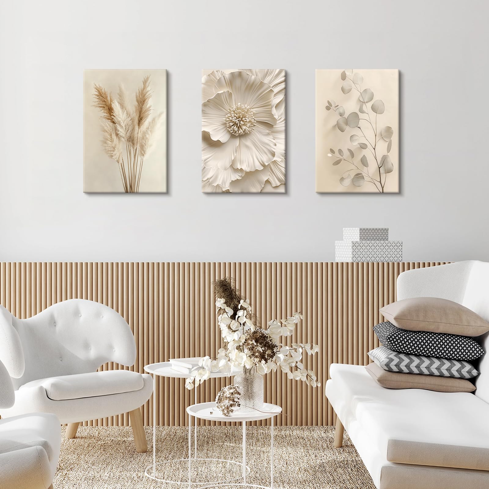 3 Pcs Wooden Framed Canvas Wall Art Beige Flower Pampas Grass Canvas Prints Cream Eucalyptus Leaf Painting Minimalist Floral Pictures for Living Room Bedroom Bathroom Wall Decor 40x60 cm x3pcs - Image 4