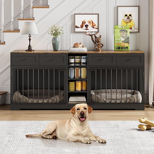 GarveeHome Mueble de jaula doble para perros de 82 pulgadas, perrera grande de interior para 2 perros, soporte de madera resistente para TV con 4