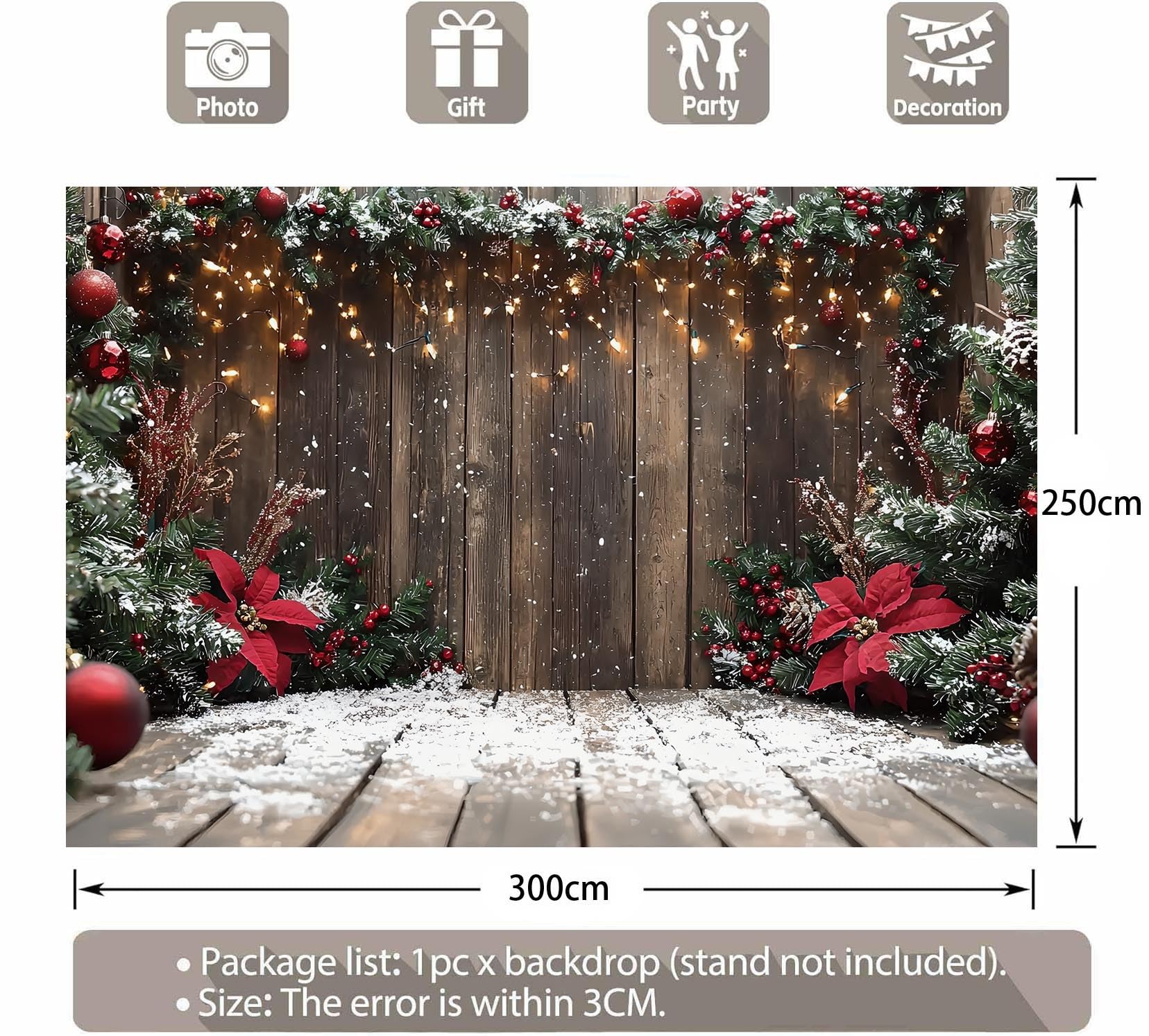 Scena invernale con camino, sfondo natalizio in tessuto, sfondo fotografico, albero di Natale innevato, foresta innevata, albero per feste, decorazione per cabine fotografiche (300 x 250 cm)