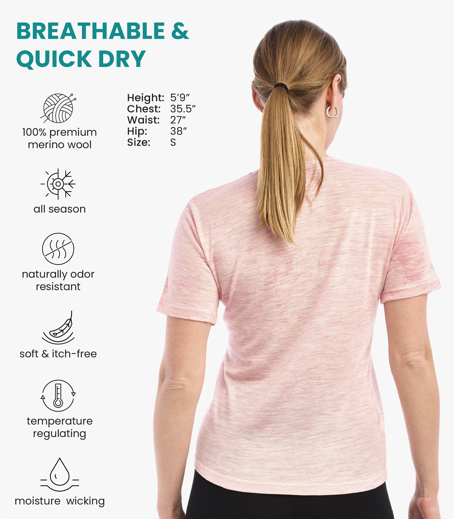 Merinowolle Thermoshirt Damen + Wandersocken (Large, Pink Heather Crewneck)