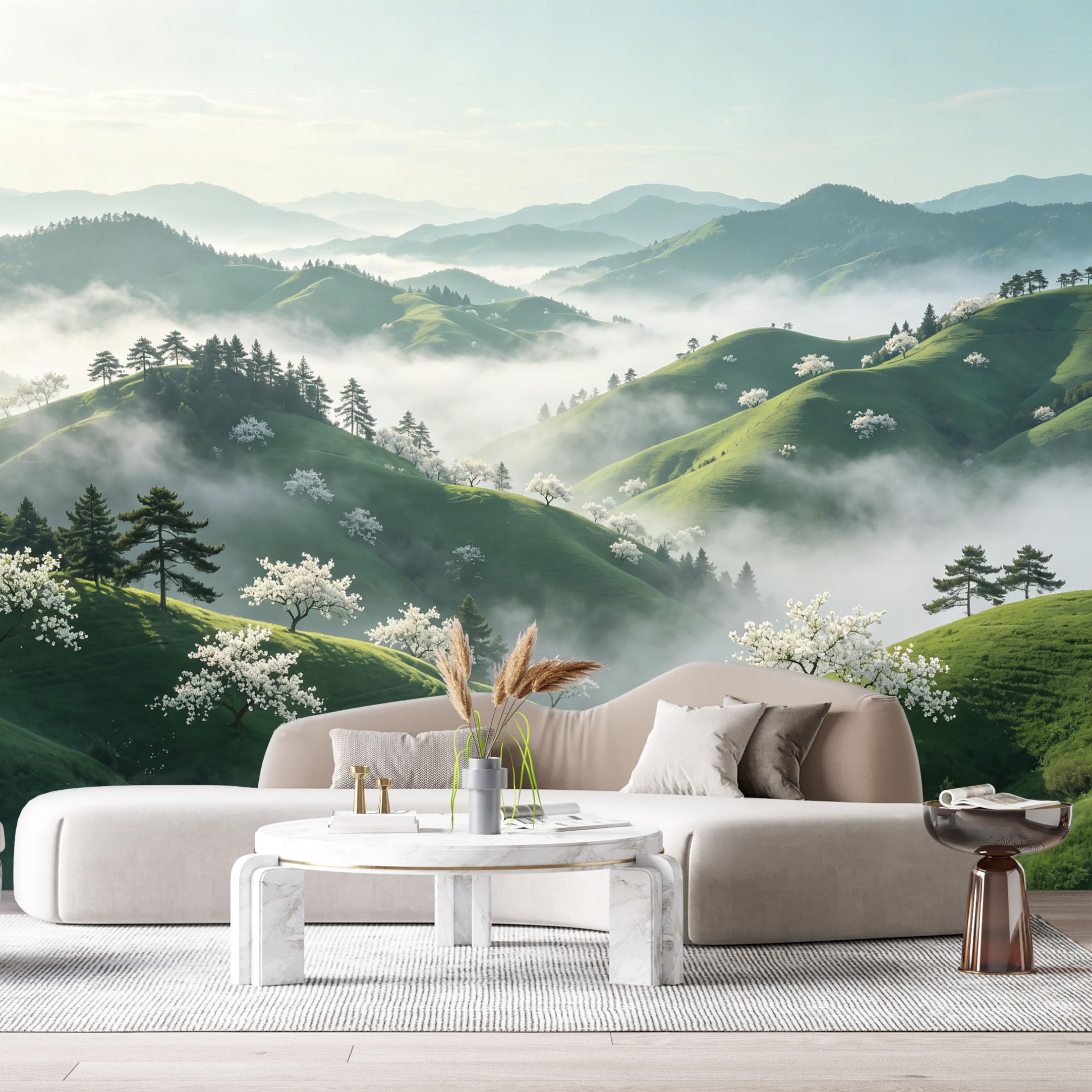Custom Size Wall Murals Misty Mountain Landscape White Blossom Trees Watercolor SelfAdhesive Wall Fabric Removable Large Wallpaper for Photo Living Room